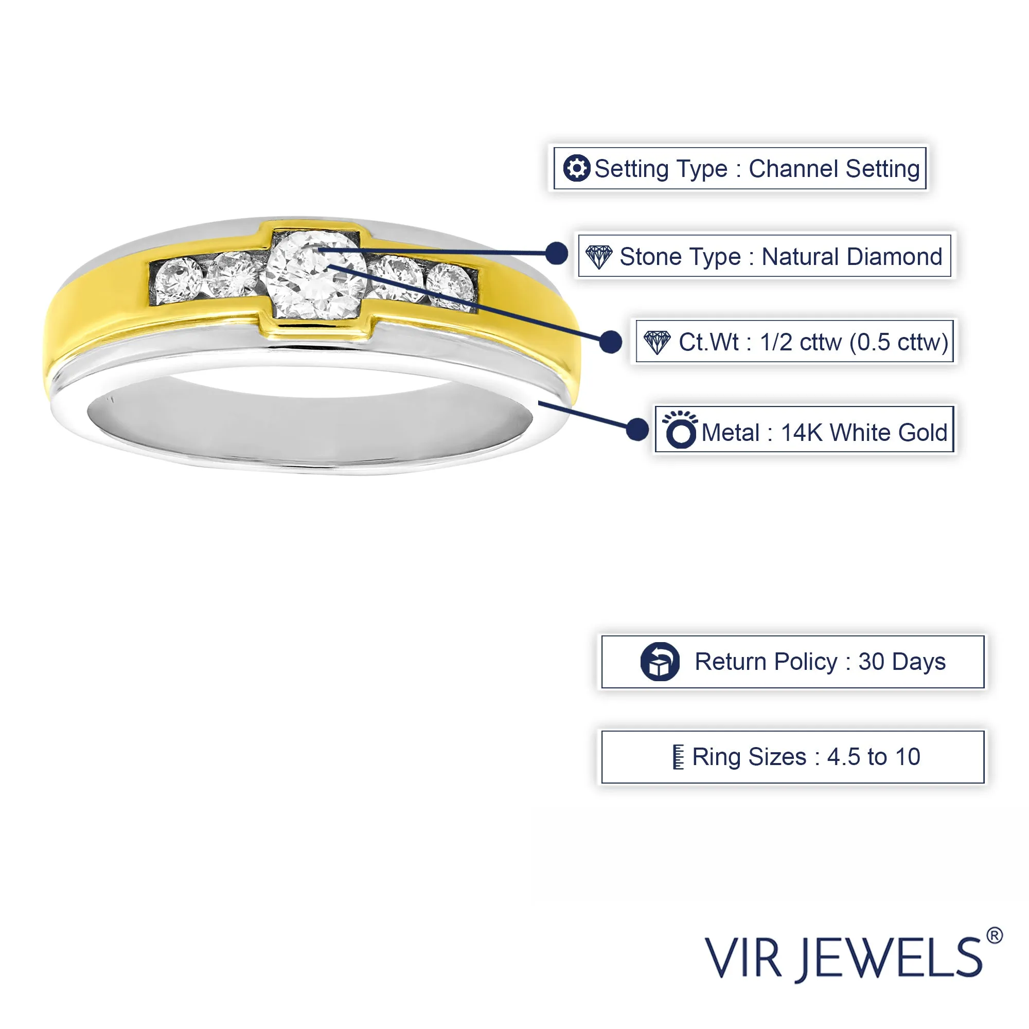 1/2 cttw Five Stone Diamond Men's Wedding Band in 14K White Gold