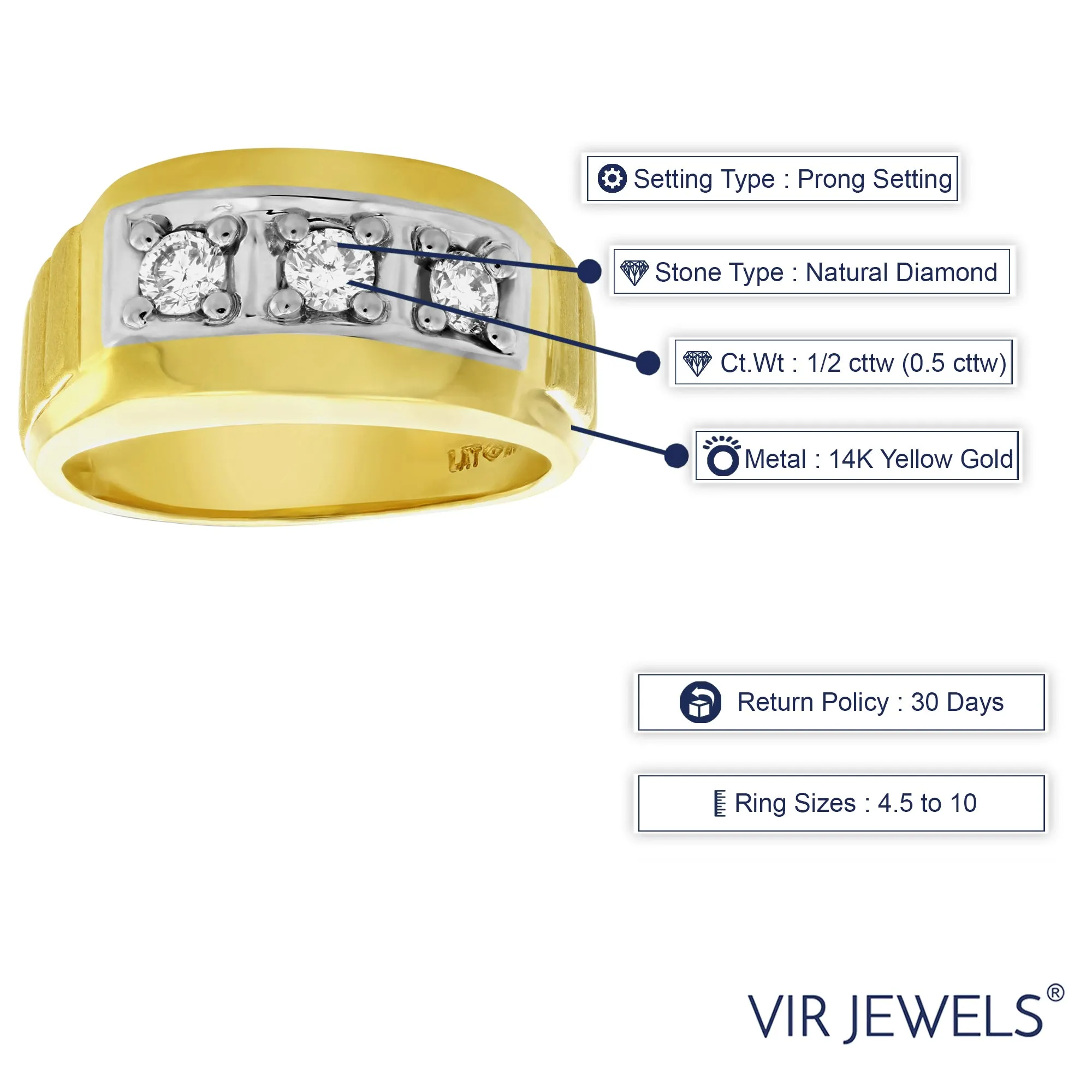 1/2 cttw Three Diamond Men's Wedding Ring in 14K Yellow Gold