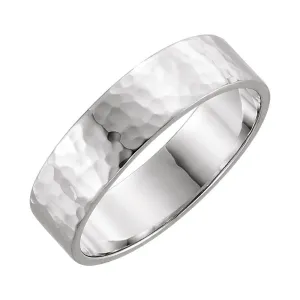 14k White Gold 6mm Flat Band with Hammer Finish Size 11
