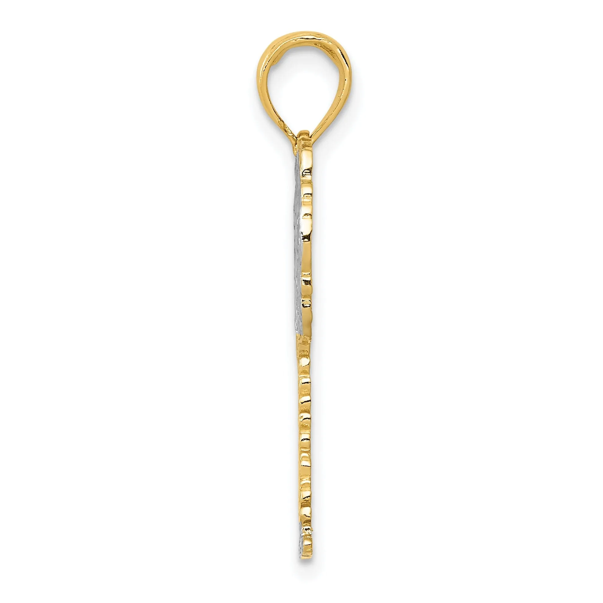 14K Yellow Gold, White Rhodium Polished Textured Finish Flat Back Men's Palm Tree Charm Pendant