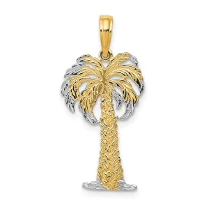 14K Yellow Gold, White Rhodium Polished Textured Finish Flat Back Men's Palm Tree Charm Pendant