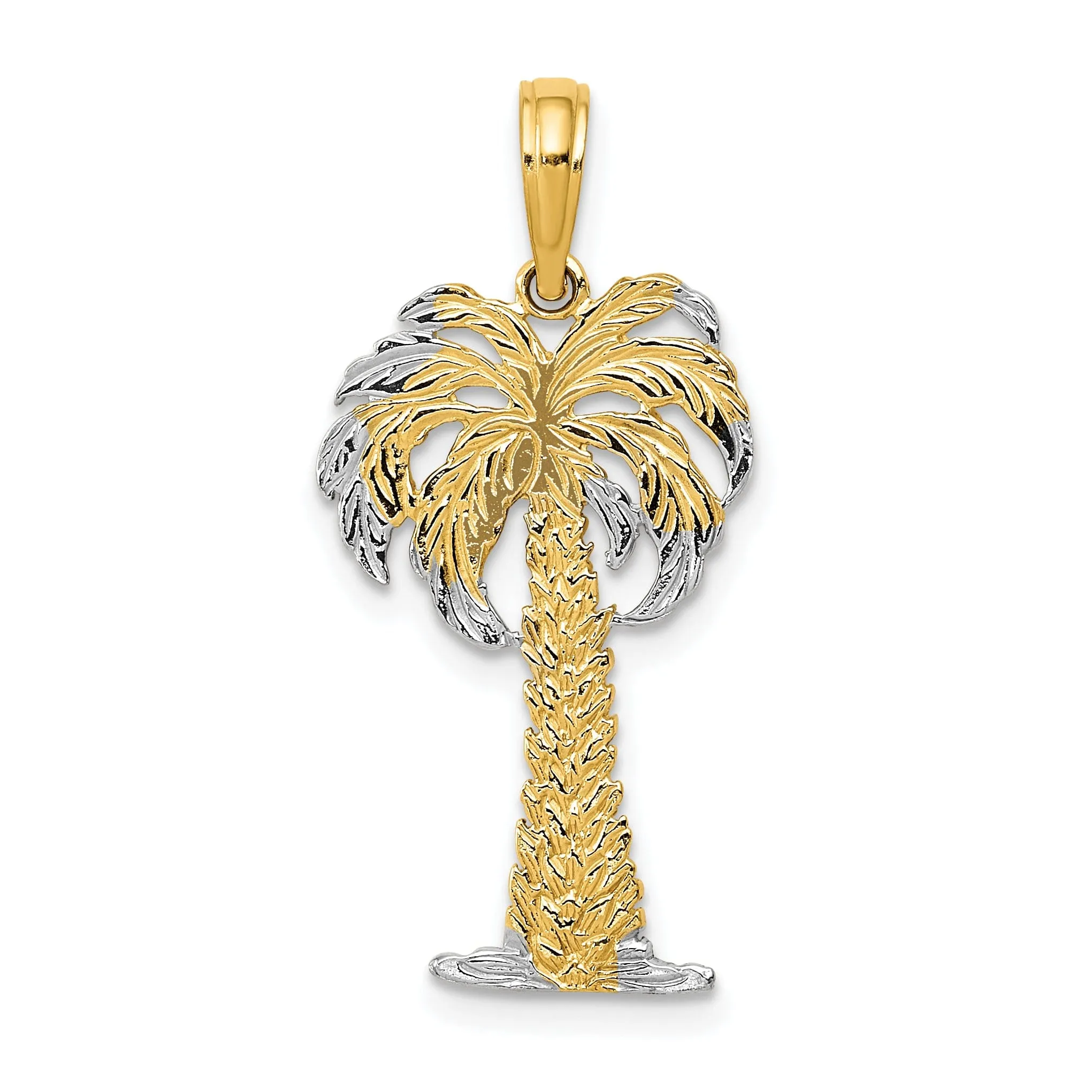 14K Yellow Gold, White Rhodium Polished Textured Finish Flat Back Men's Palm Tree Charm Pendant