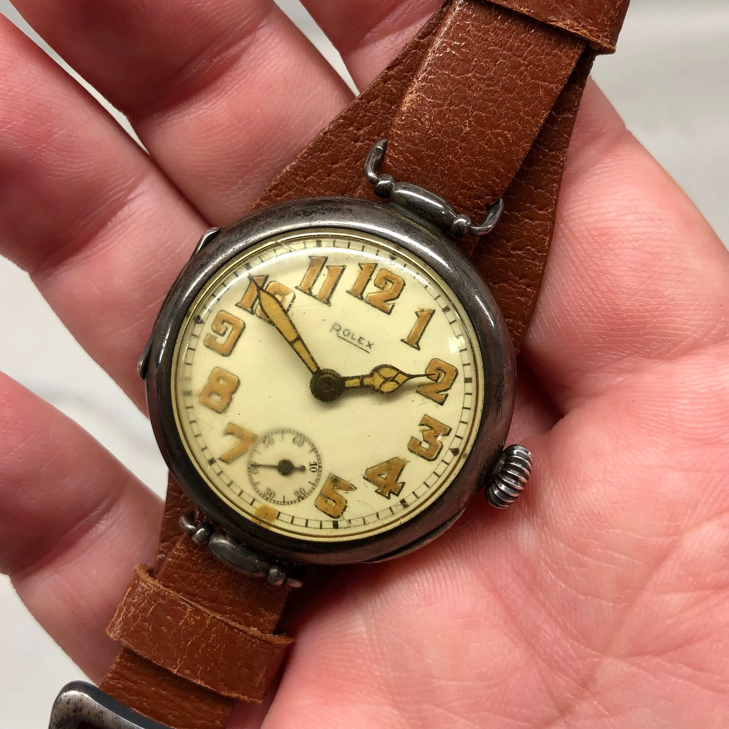 1917 Rolex WWI Trench .875 Silver White Porcelain Flex Lug Wristwatch