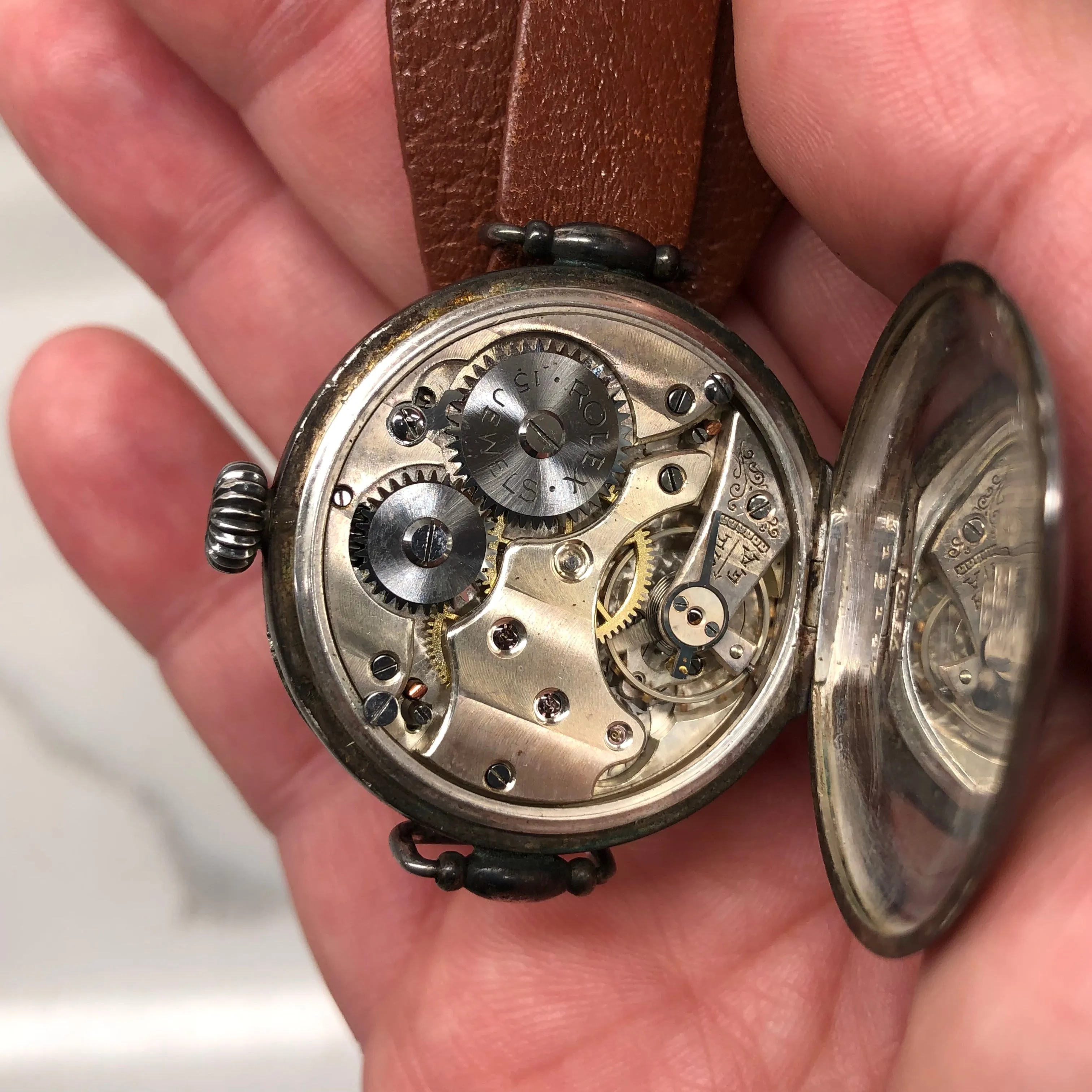 1917 Rolex WWI Trench .875 Silver White Porcelain Flex Lug Wristwatch