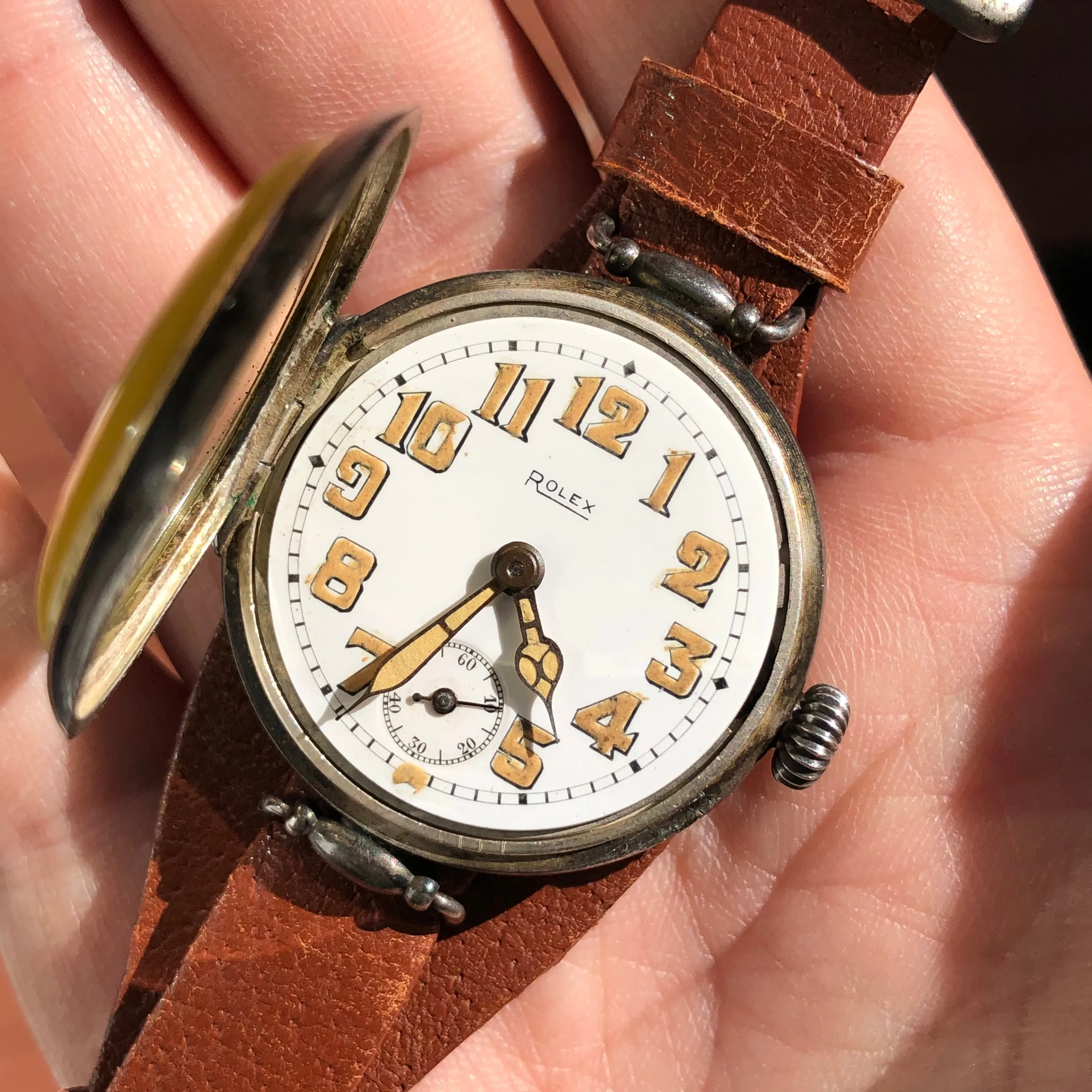 1917 Rolex WWI Trench .875 Silver White Porcelain Flex Lug Wristwatch