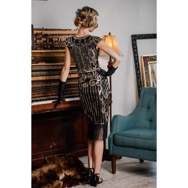 1920s Sequined Flapper Dress - Black & Gold - Hire