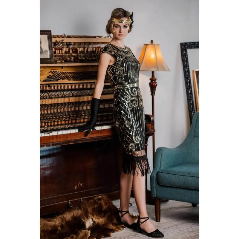 1920s Sequined Flapper Dress - Black & Gold - Hire