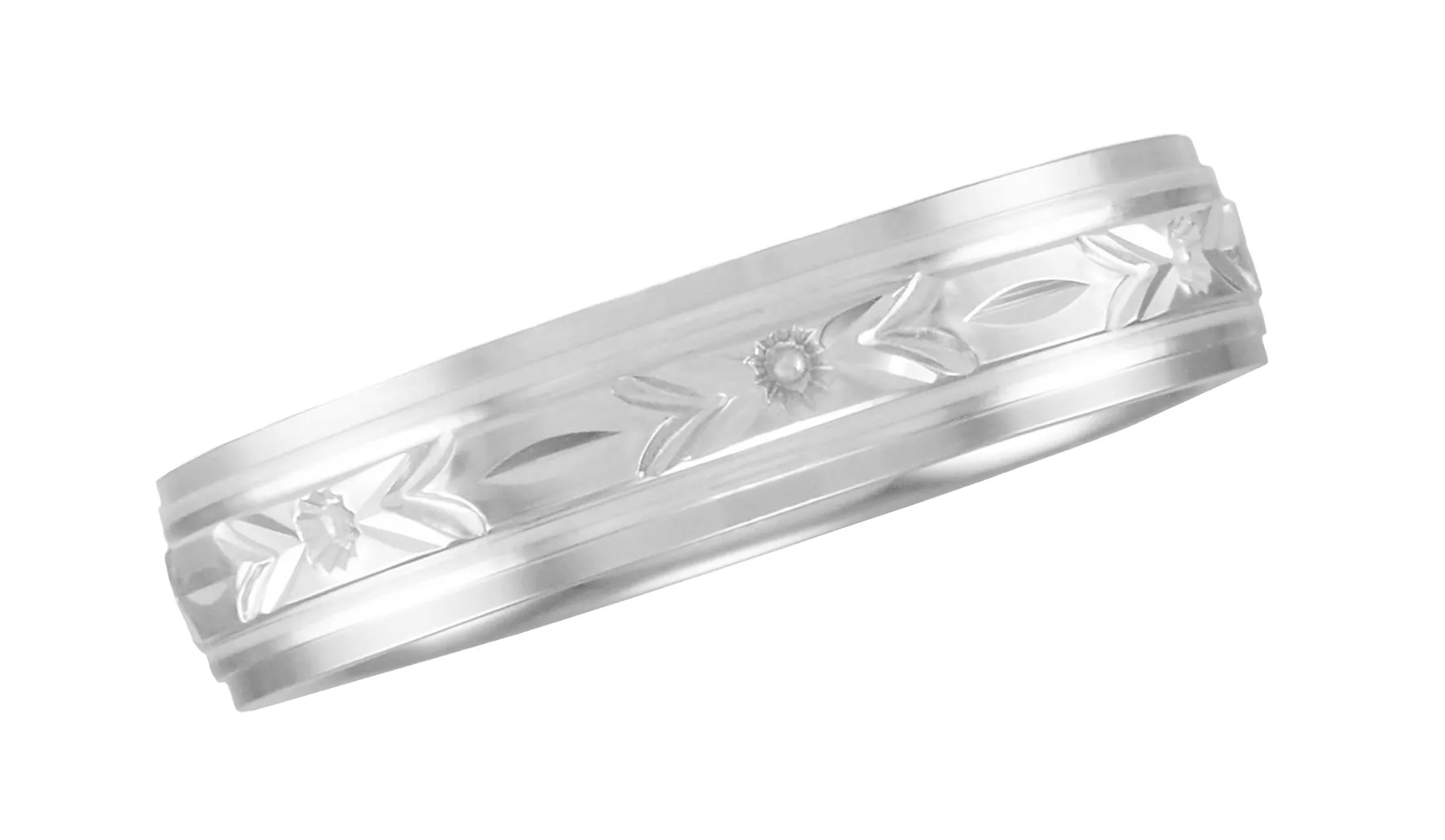 1930's Men's Floral Grooved Wedding Band in White Gold - 5mm Wide