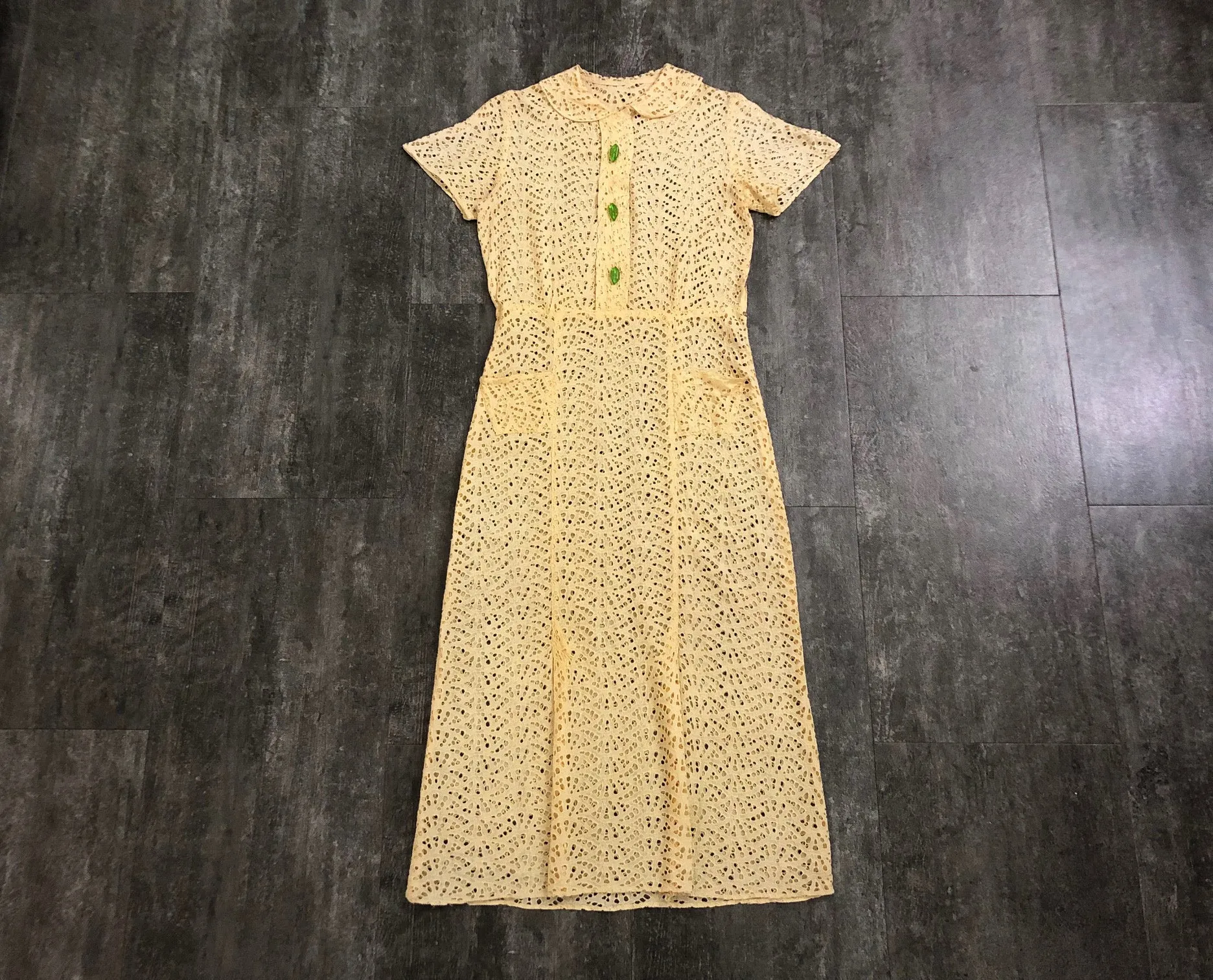 1930s yellow eyelet dress . vintage 30s dress