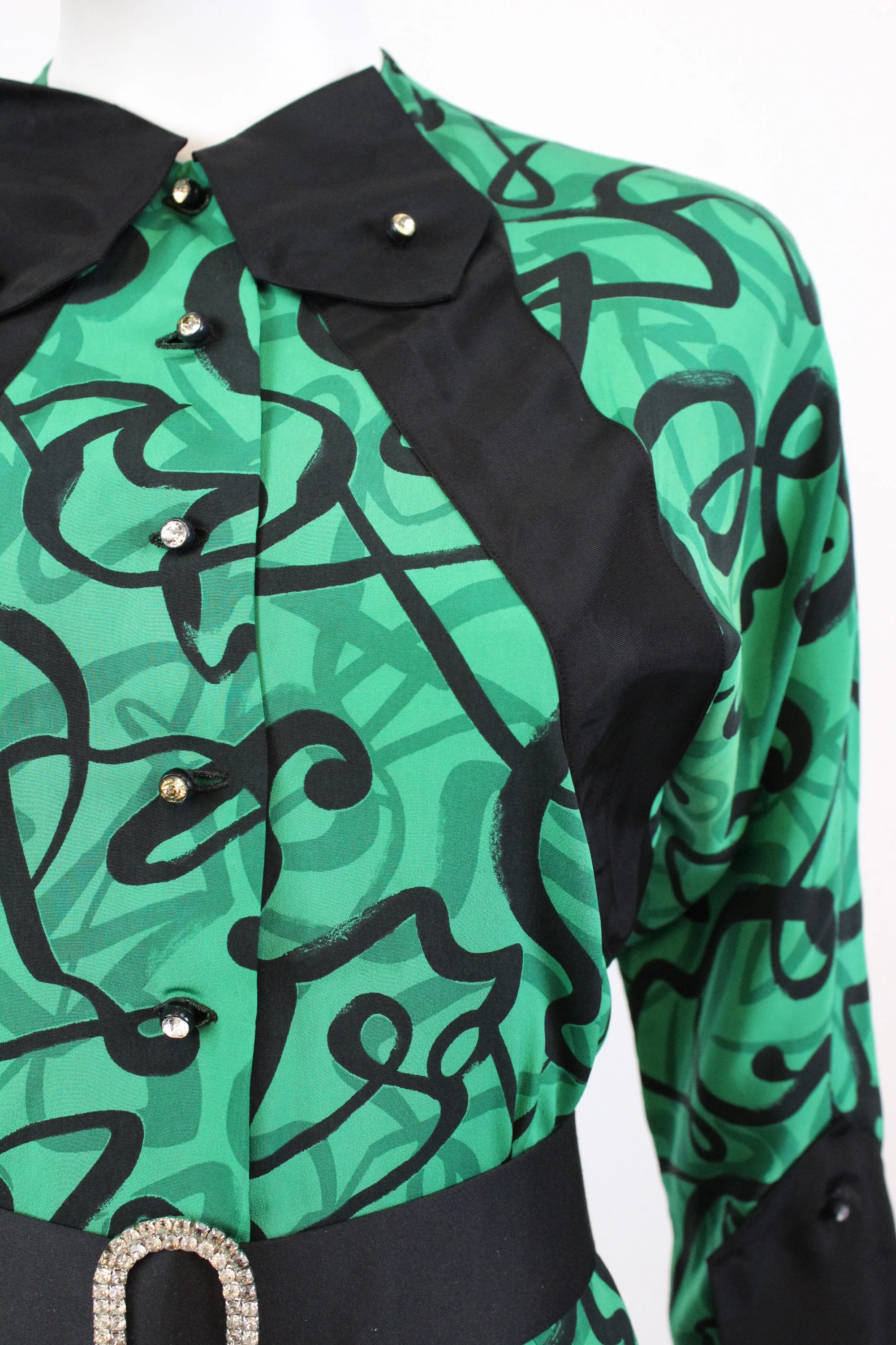 1940s green squiggle print rayon dress xs | new fall