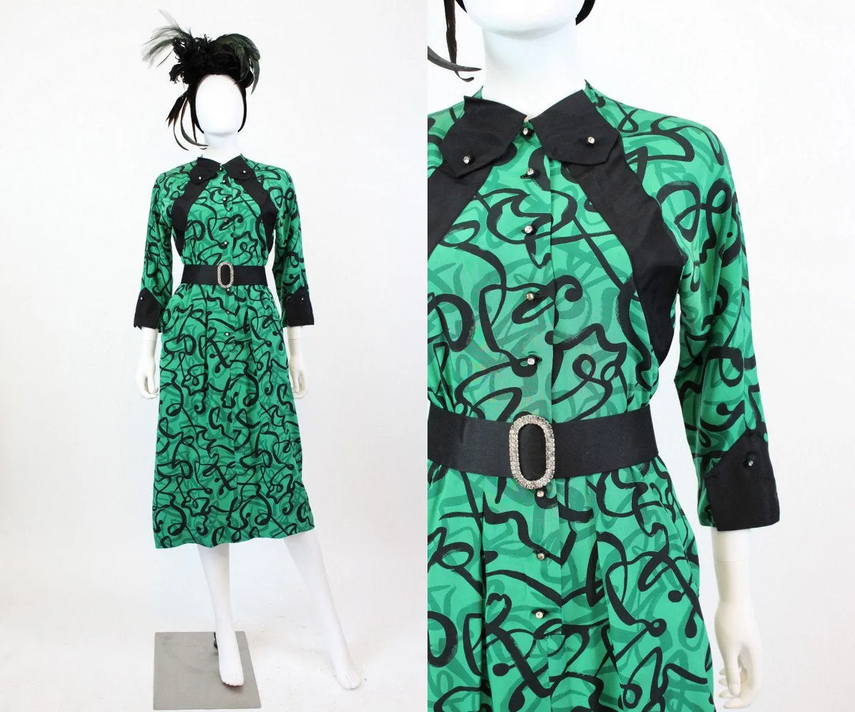 1940s green squiggle print rayon dress xs | new fall