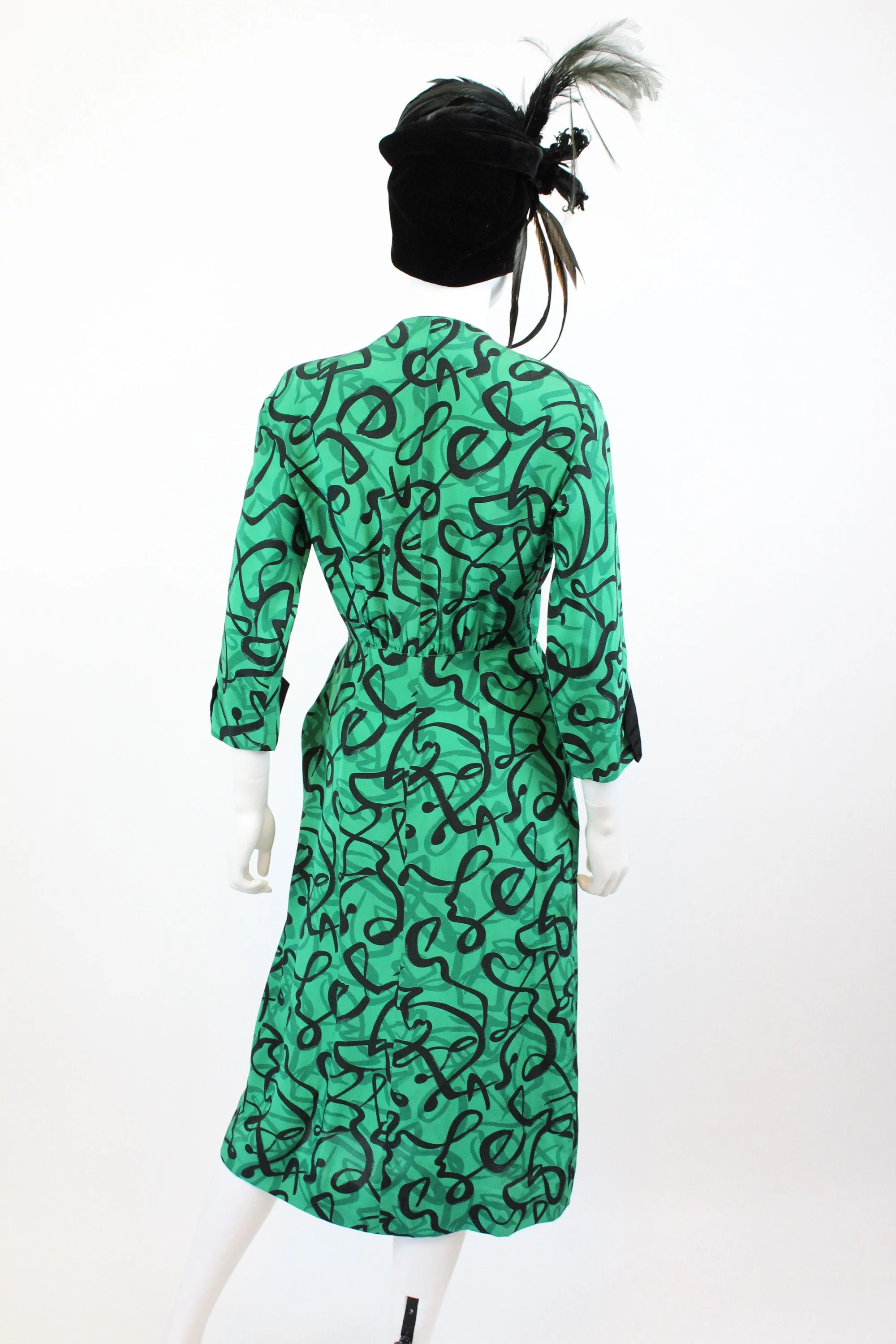 1940s green squiggle print rayon dress xs | new fall