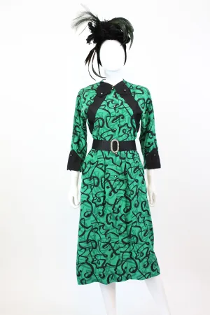 1940s green squiggle print rayon dress xs | new fall