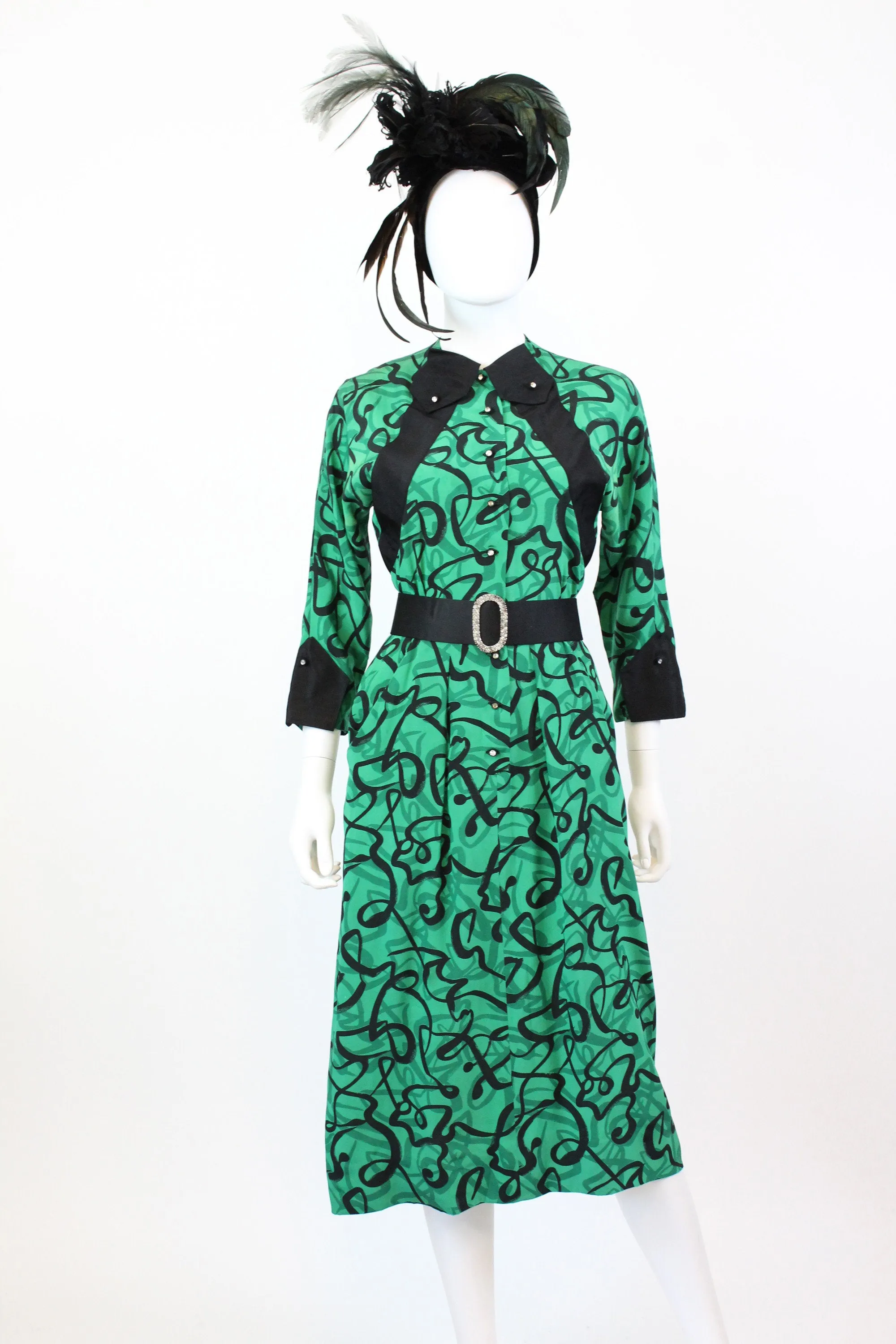 1940s green squiggle print rayon dress xs | new fall