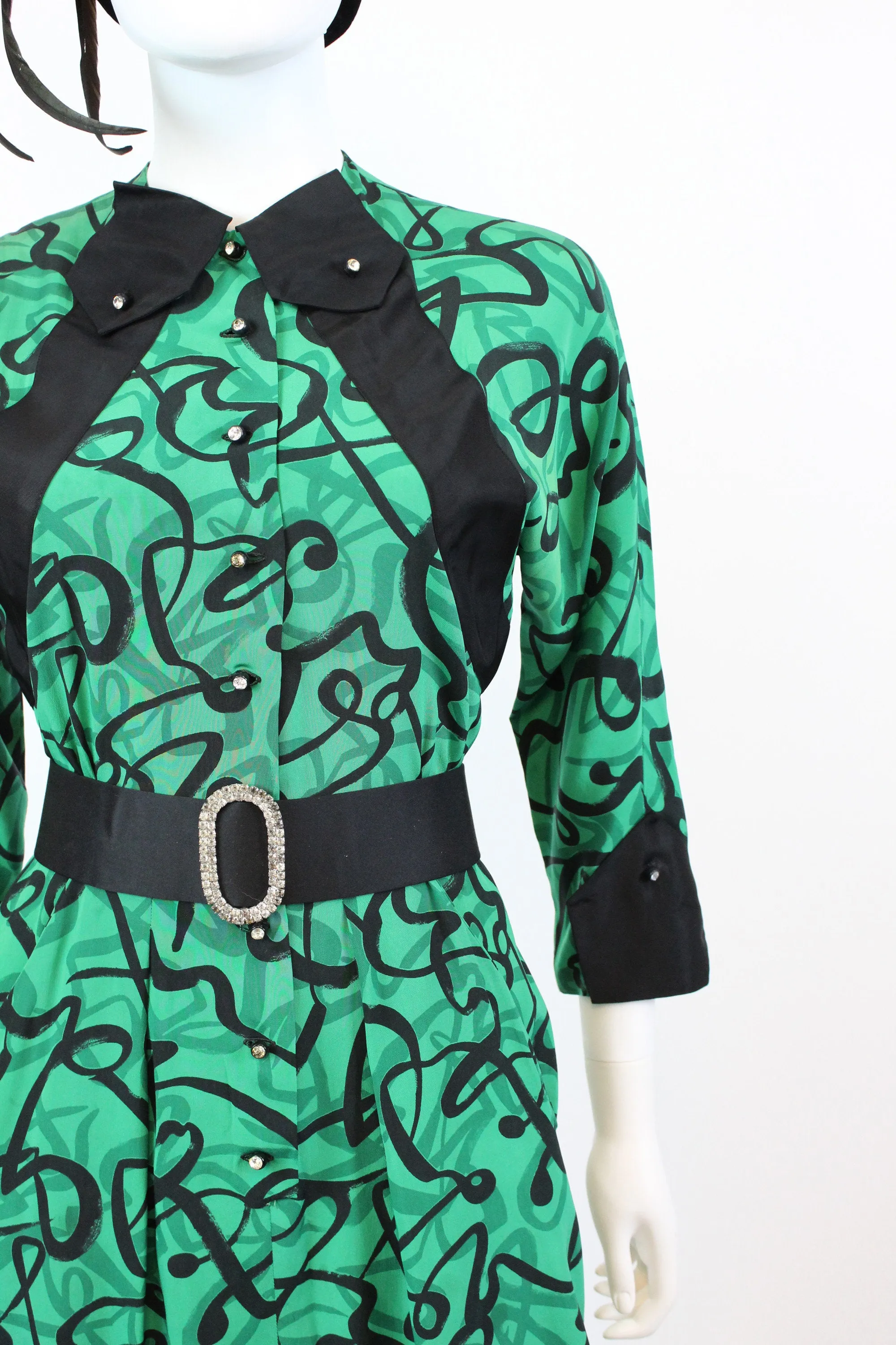 1940s green squiggle print rayon dress xs | new fall