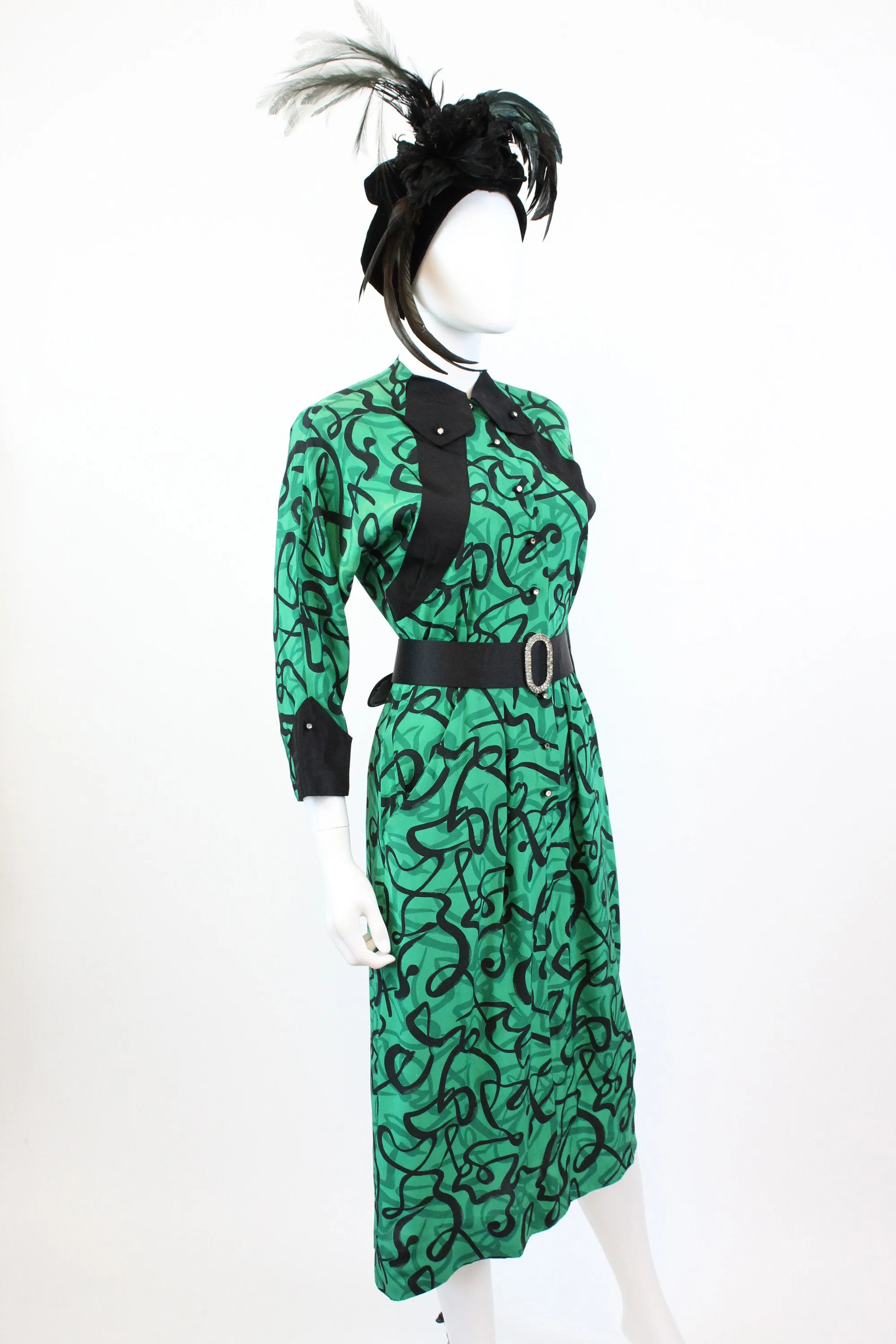 1940s green squiggle print rayon dress xs | new fall