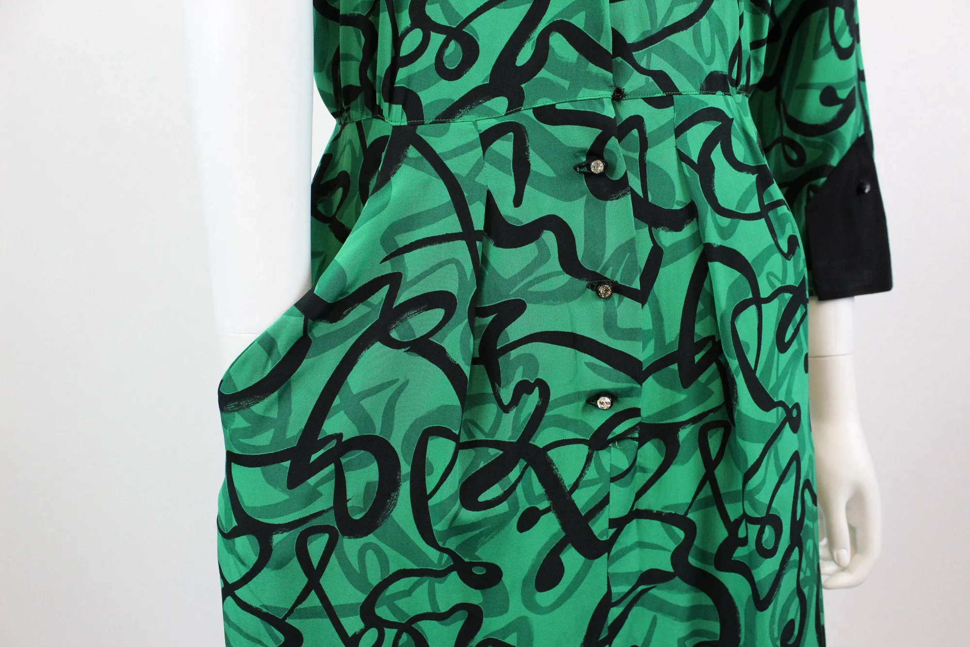 1940s green squiggle print rayon dress xs | new fall