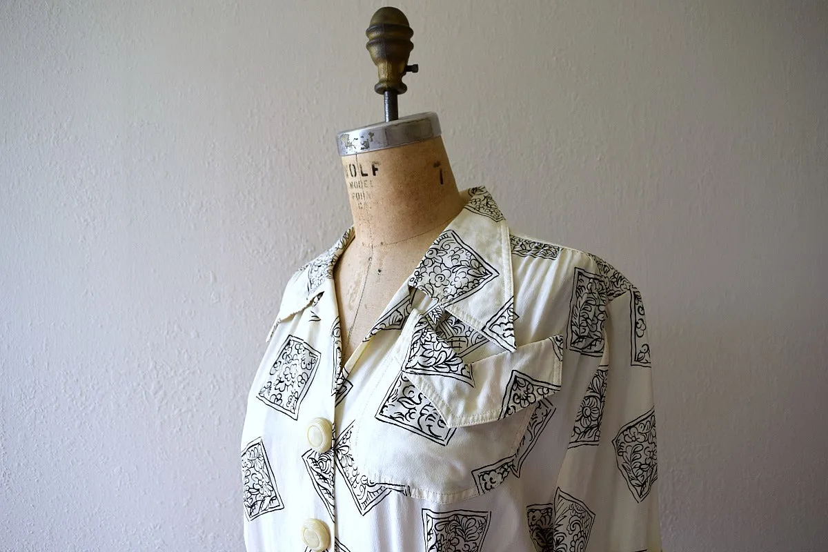 1940s rayon print dress . vintage 40s dress