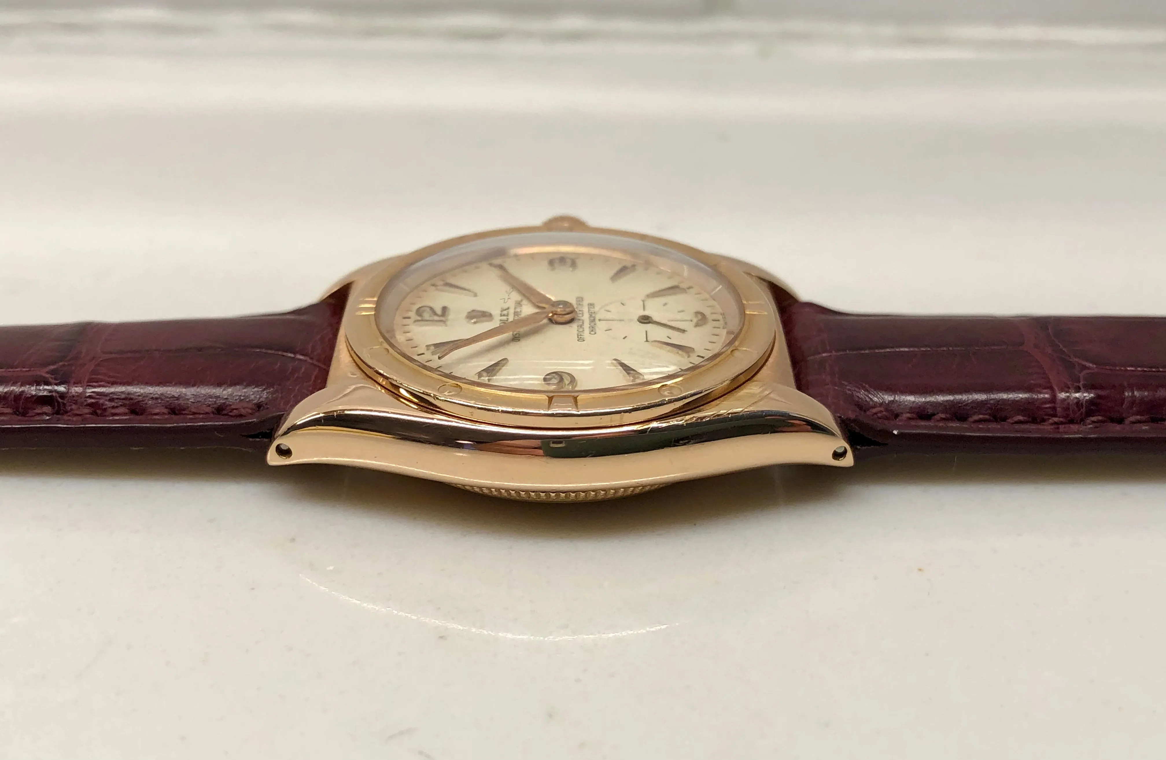 1940s Rolex Oyster Perpetual Bubbleback 3458 Chronometer 18K Rose Gold Automatic Wristwatch