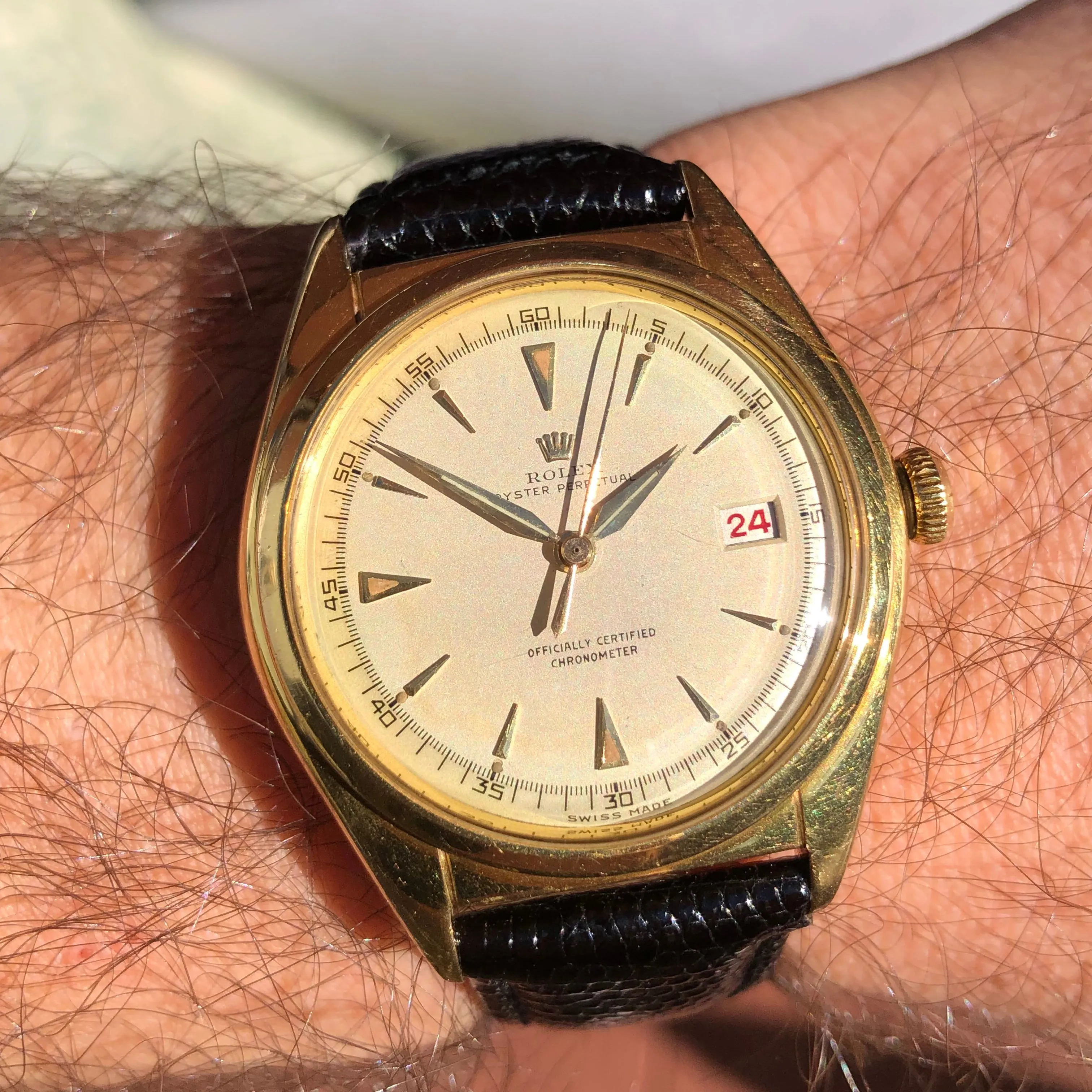 1949 Rolex Ovettone 5030 18K Yellow Gold Oyster Perpetual Big Bubbleback Roulette Wristwatch
