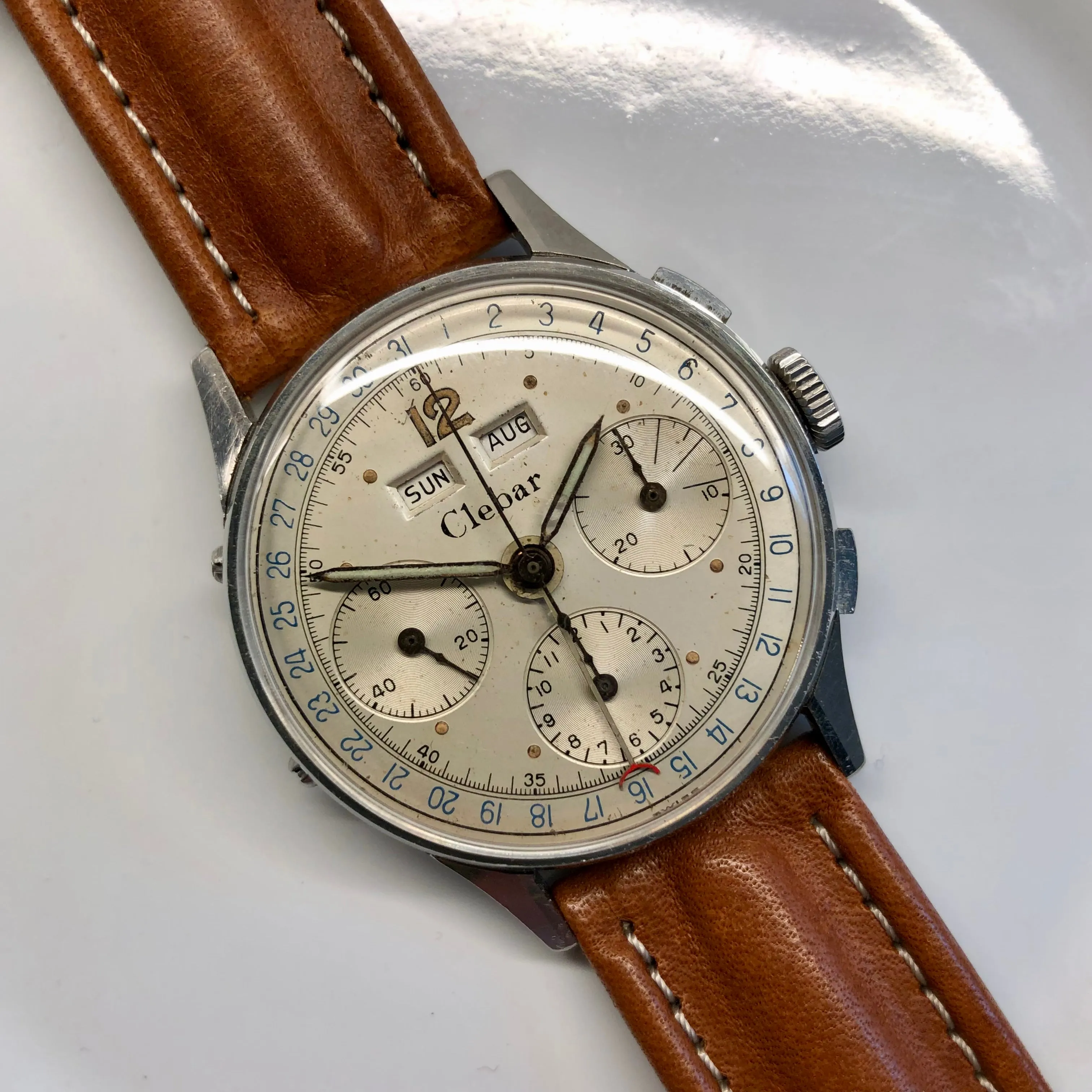 1950s Clebar Steel Valjoux 72 Chronograph Triple Date Calendar Wristwatch