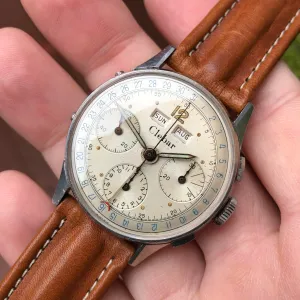 1950s Clebar Steel Valjoux 72 Chronograph Triple Date Calendar Wristwatch