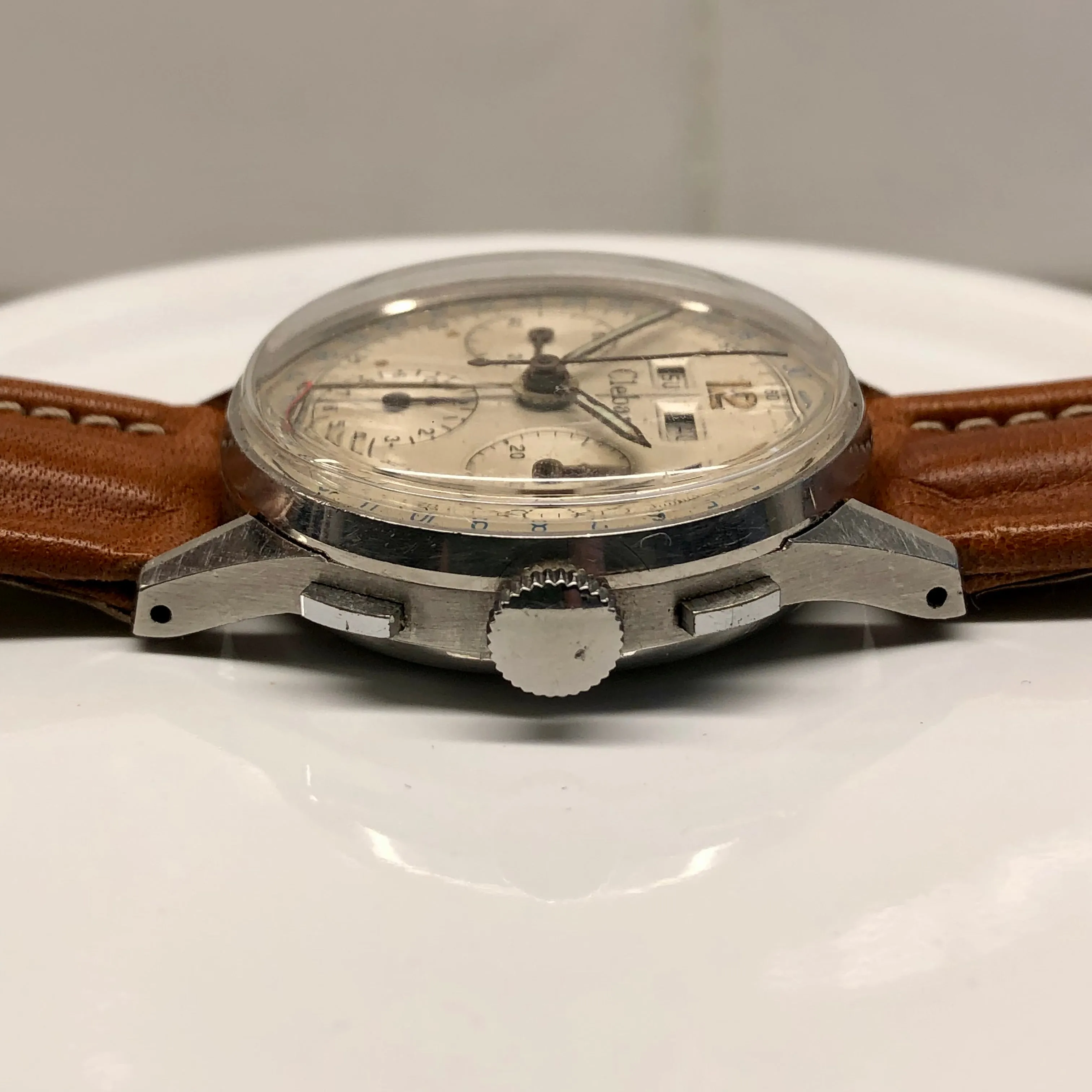 1950s Clebar Steel Valjoux 72 Chronograph Triple Date Calendar Wristwatch