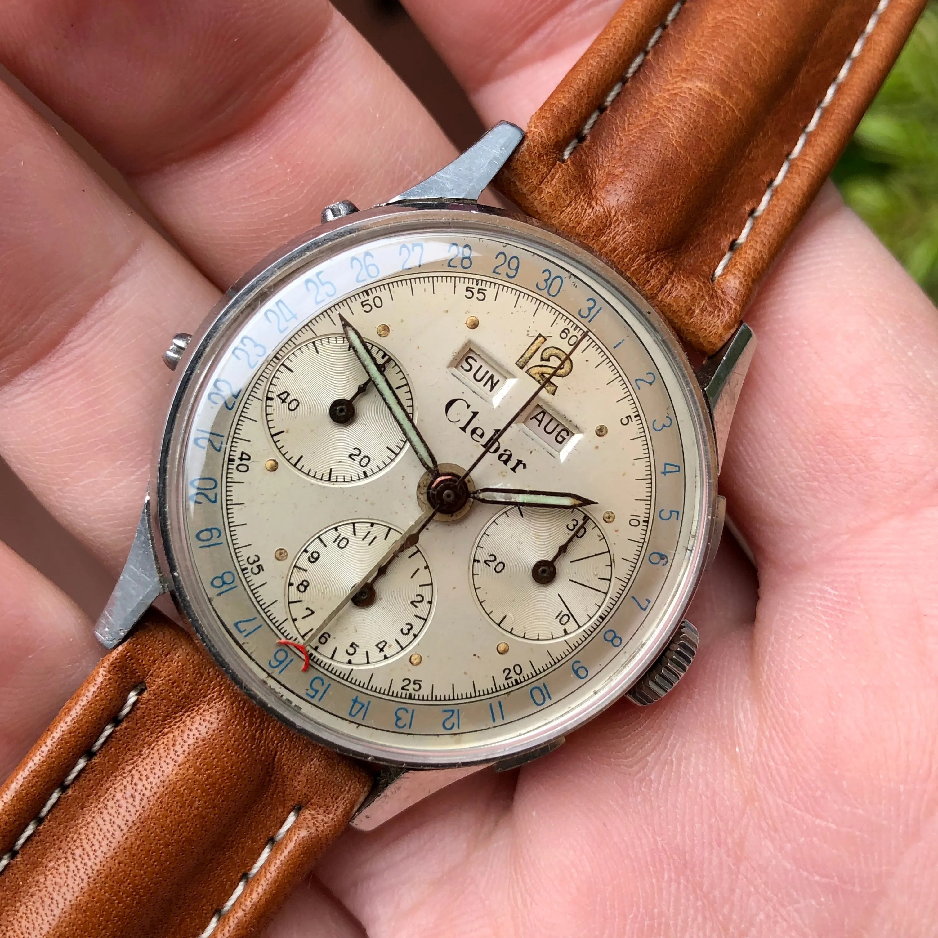1950s Clebar Steel Valjoux 72 Chronograph Triple Date Calendar Wristwatch