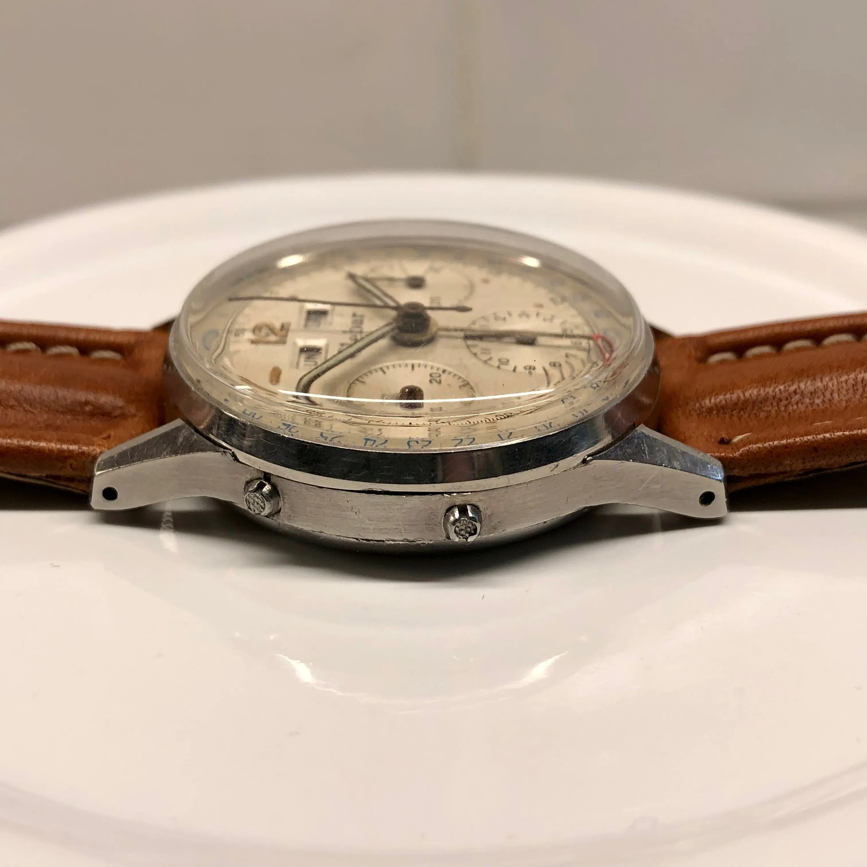 1950s Clebar Steel Valjoux 72 Chronograph Triple Date Calendar Wristwatch