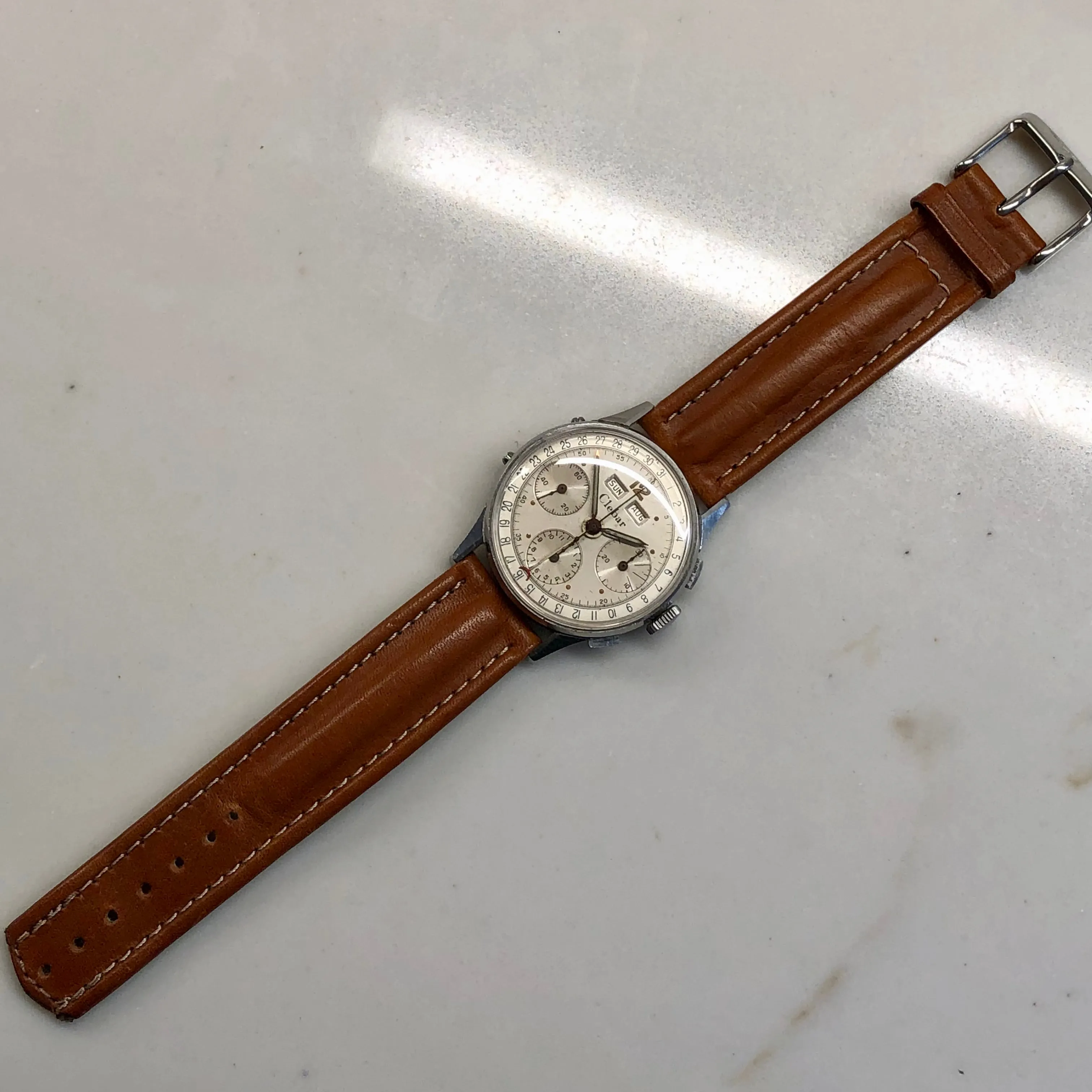 1950s Clebar Steel Valjoux 72 Chronograph Triple Date Calendar Wristwatch
