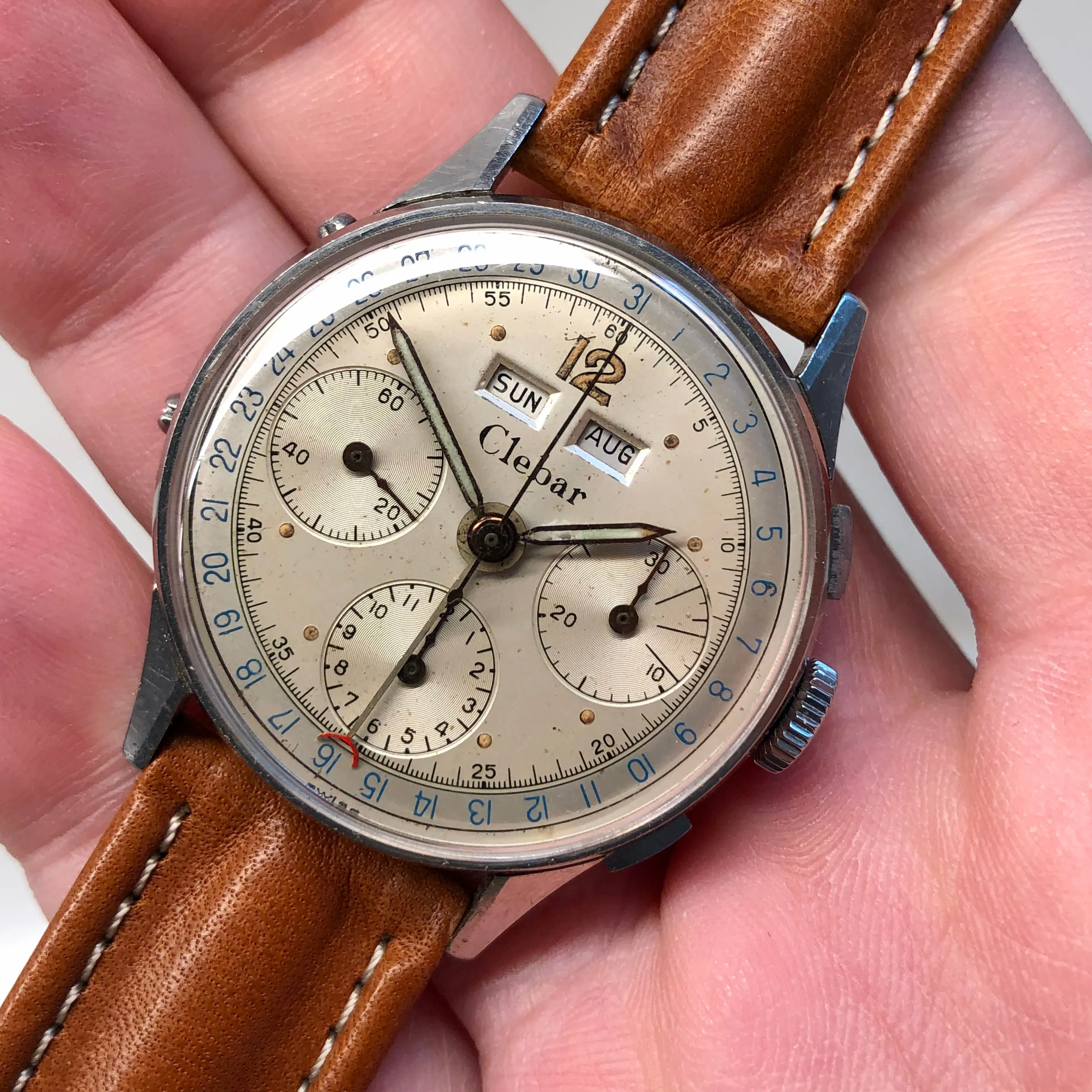 1950s Clebar Steel Valjoux 72 Chronograph Triple Date Calendar Wristwatch