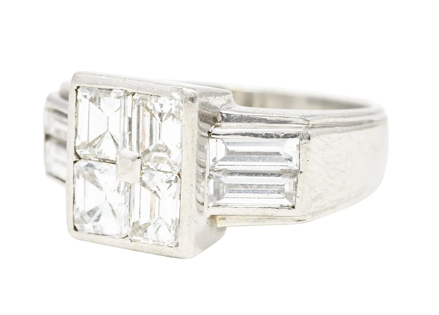1950's French Mid-Century 3.00 CTW Emerald Cut Diamond Platinum Vintage Mystery Set Ring