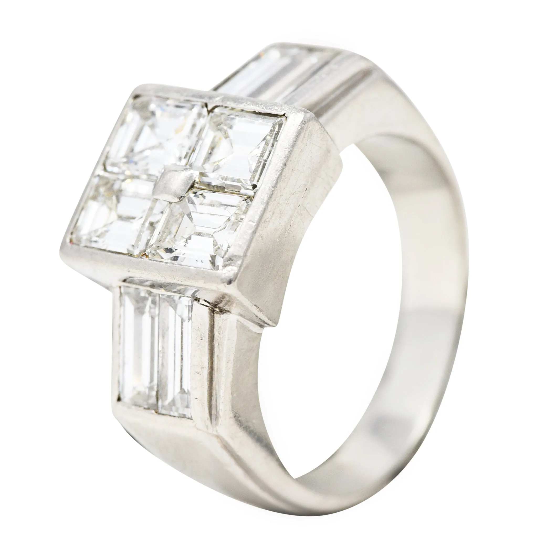 1950's French Mid-Century 3.00 CTW Emerald Cut Diamond Platinum Vintage Mystery Set Ring