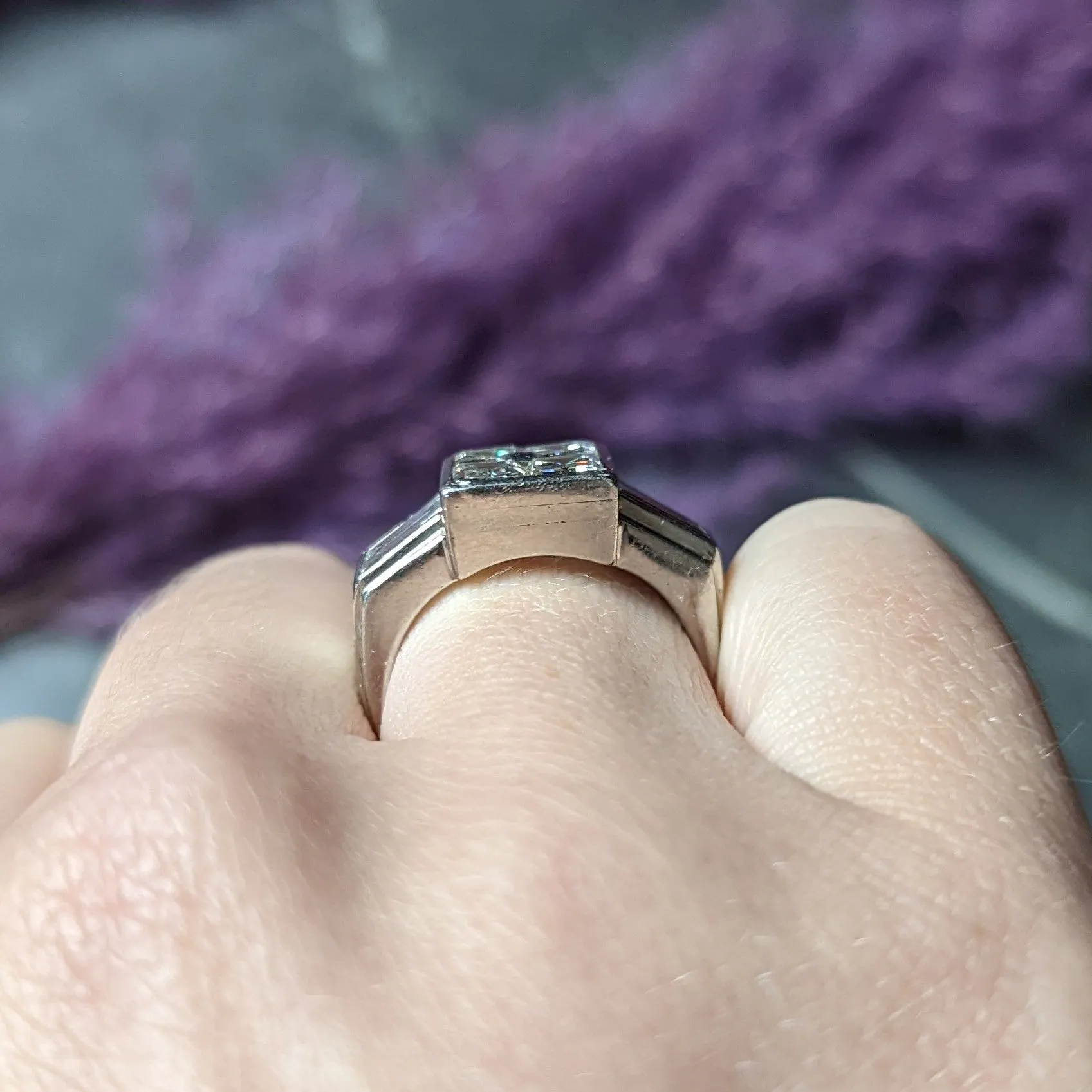 1950's French Mid-Century 3.00 CTW Emerald Cut Diamond Platinum Vintage Mystery Set Ring