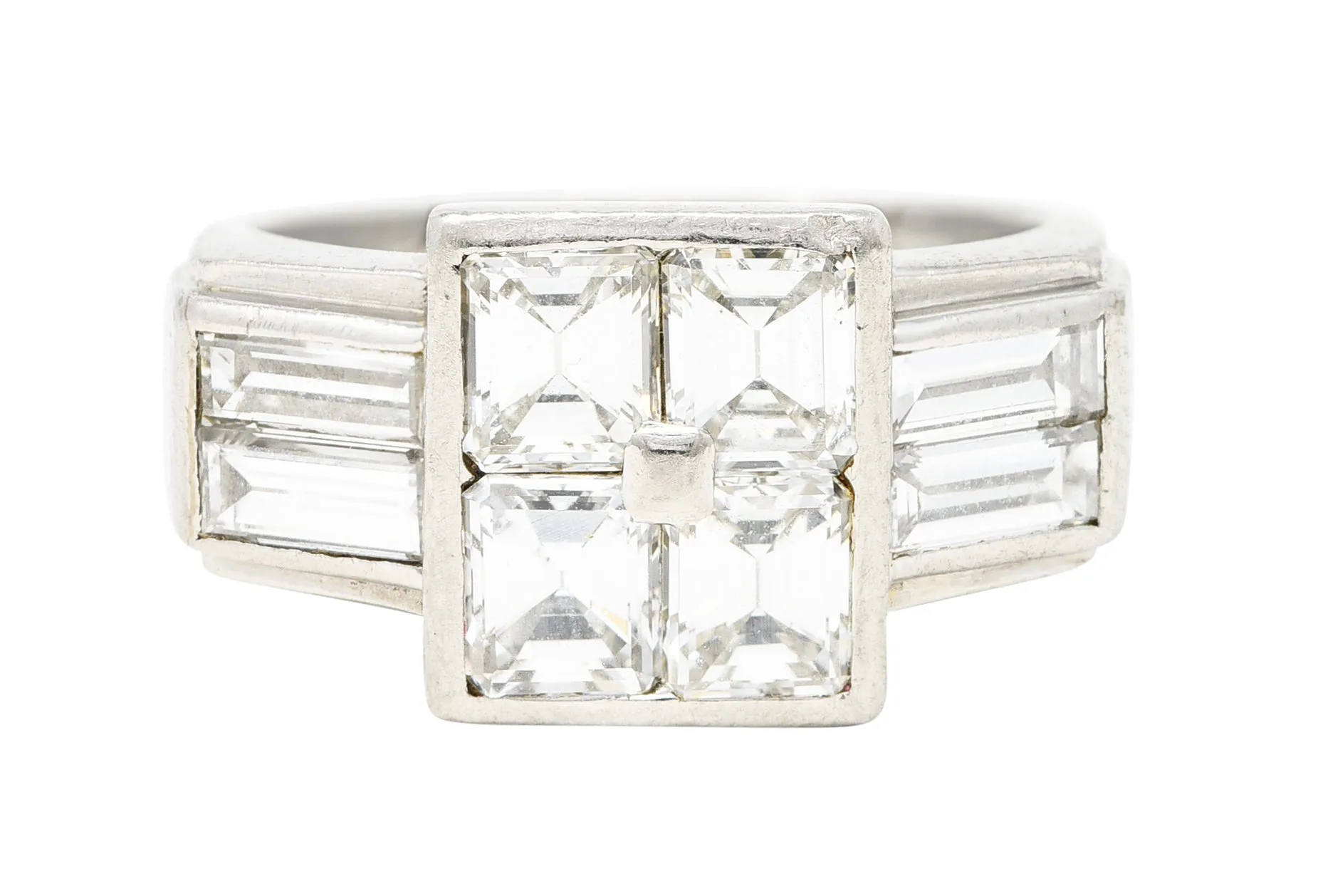 1950's French Mid-Century 3.00 CTW Emerald Cut Diamond Platinum Vintage Mystery Set Ring