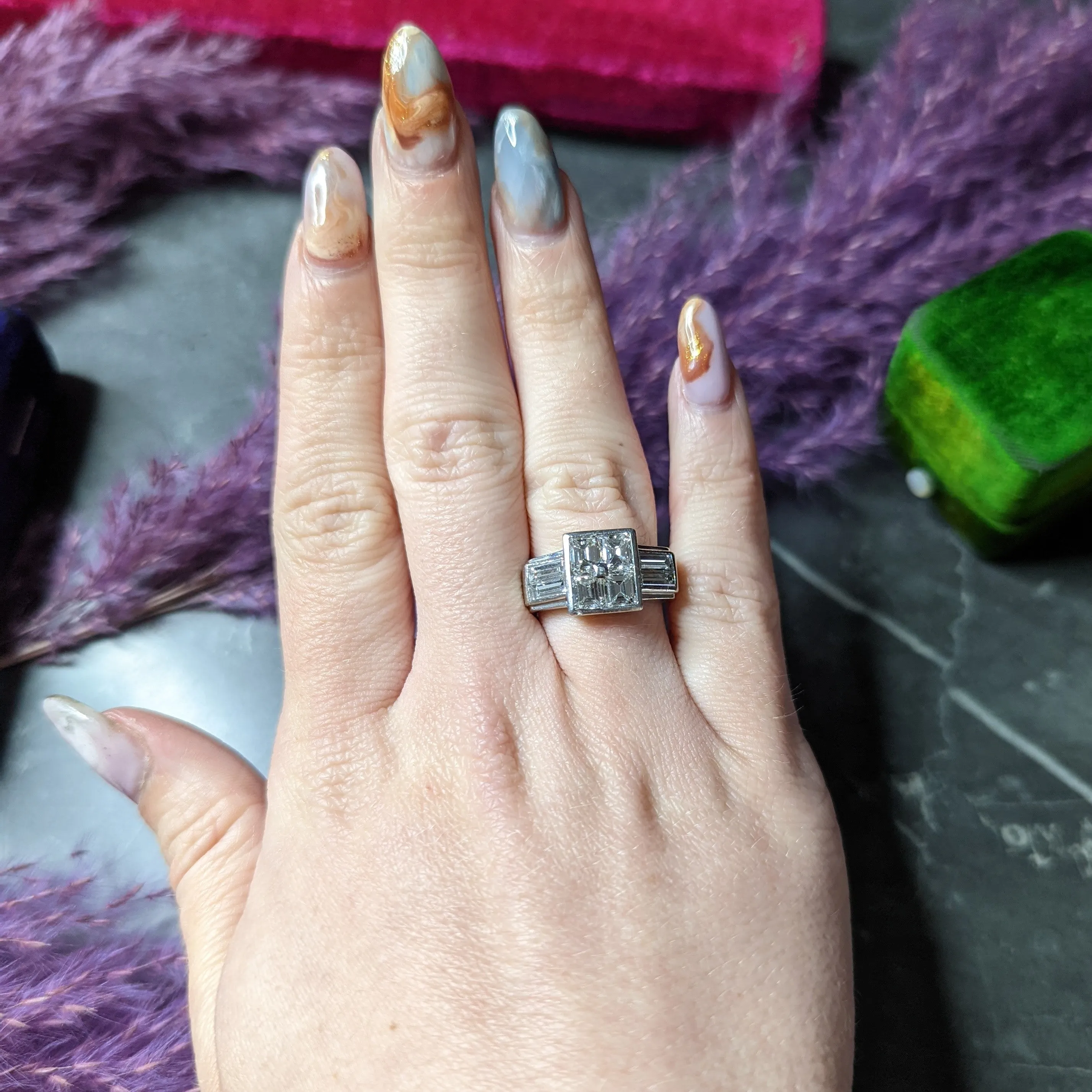 1950's French Mid-Century 3.00 CTW Emerald Cut Diamond Platinum Vintage Mystery Set Ring