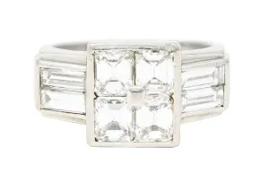1950's French Mid-Century 3.00 CTW Emerald Cut Diamond Platinum Vintage Mystery Set Ring