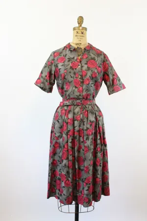 1950s rose print cotton TOP SKIRT BELT xs | new spring