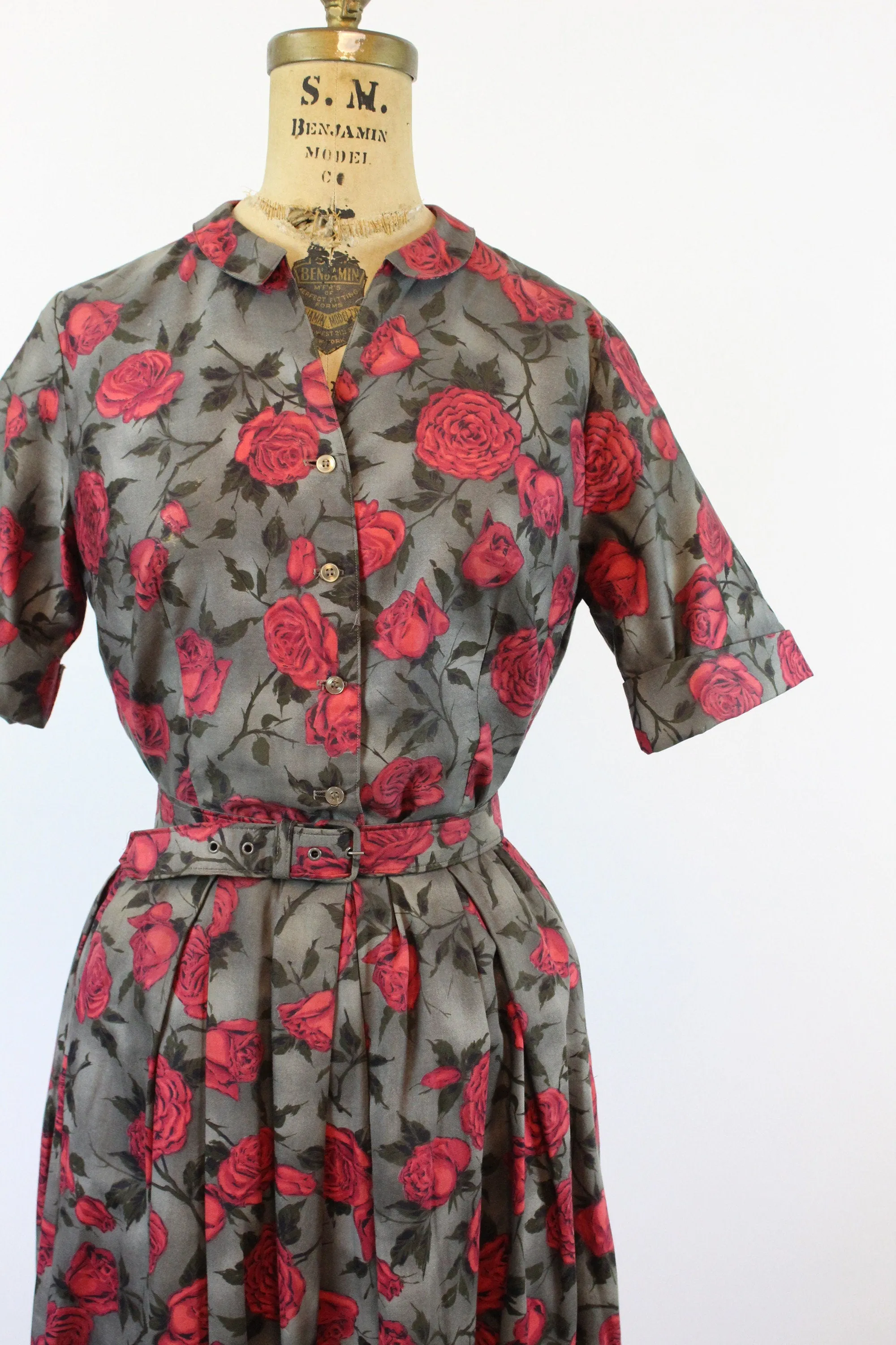 1950s rose print cotton TOP SKIRT BELT xs | new spring