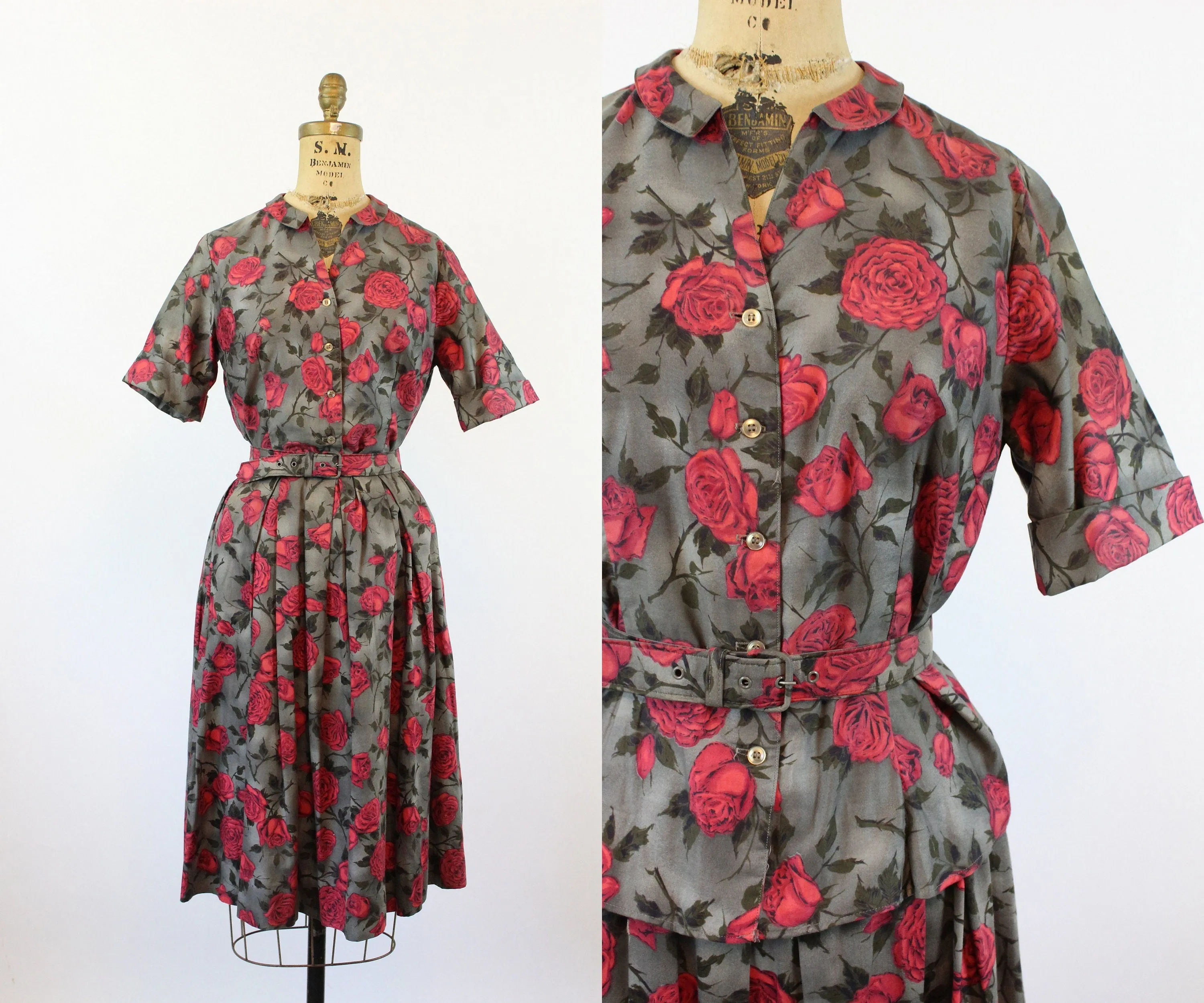 1950s rose print cotton TOP SKIRT BELT xs | new spring