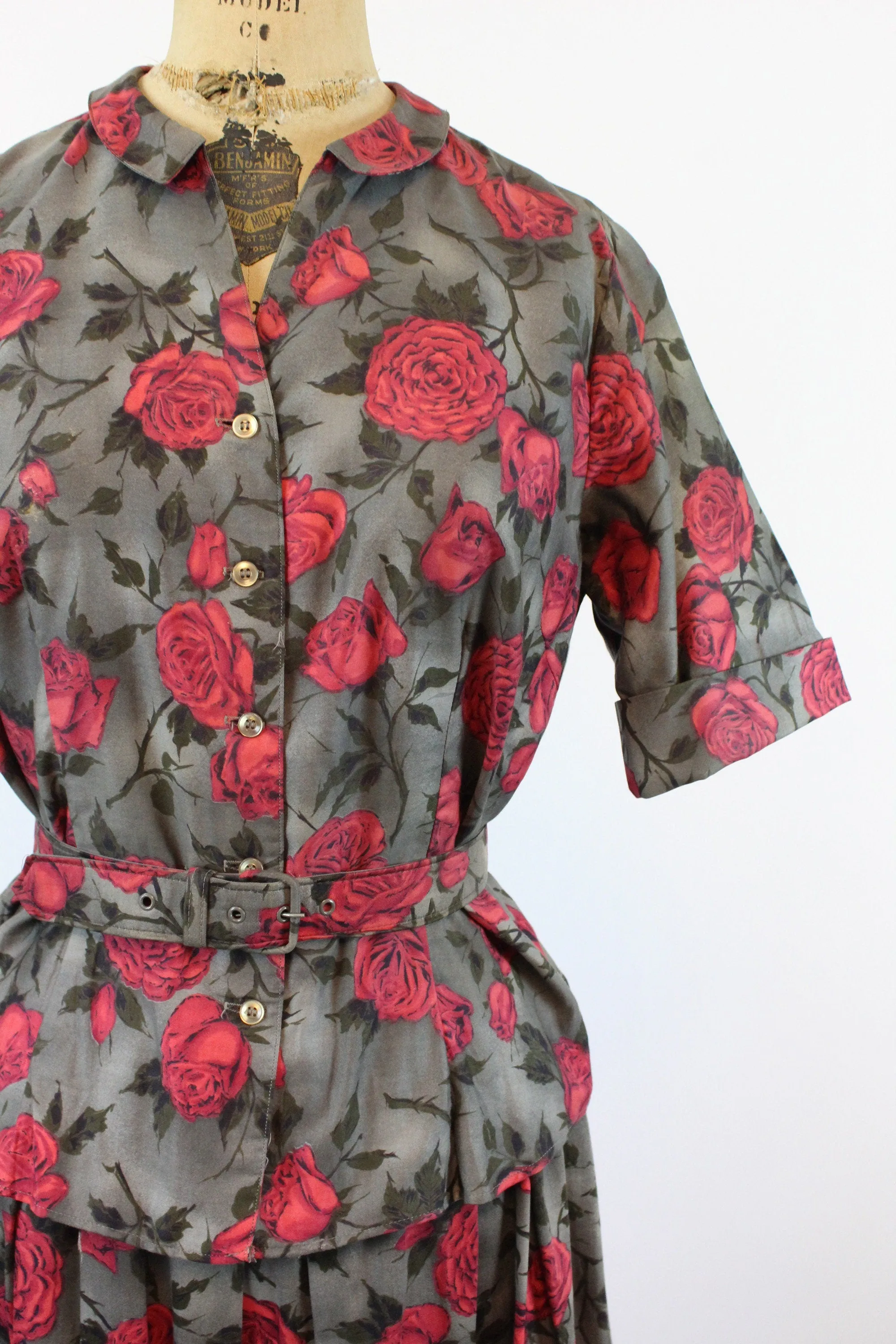 1950s rose print cotton TOP SKIRT BELT xs | new spring