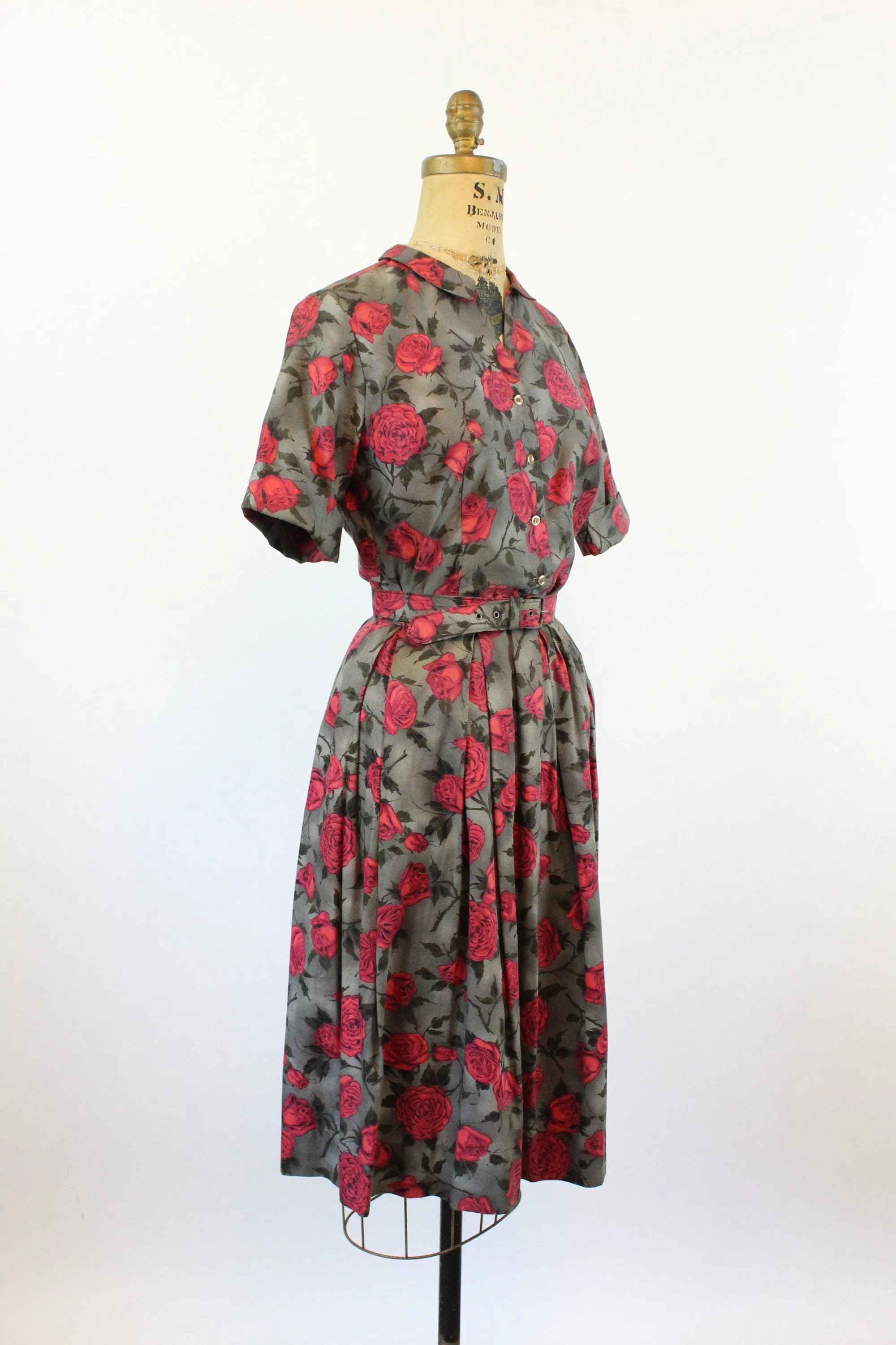 1950s rose print cotton TOP SKIRT BELT xs | new spring