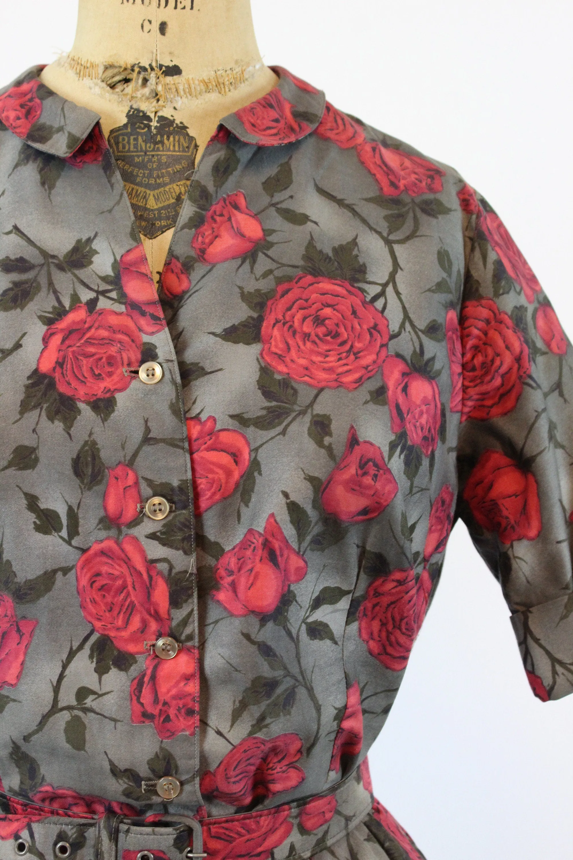 1950s rose print cotton TOP SKIRT BELT xs | new spring