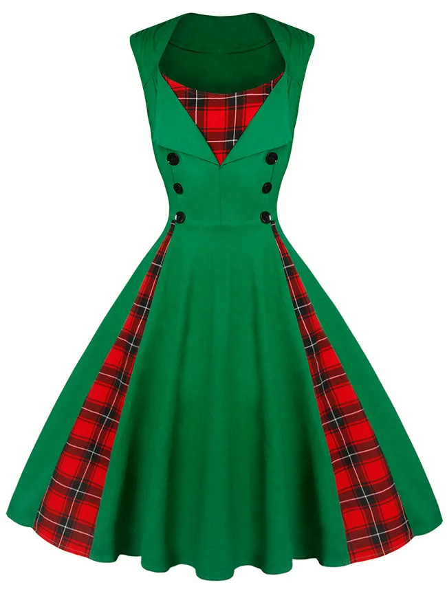 1950s Style Retro Vintage Rockabilly Dress with Plaid Patchwork