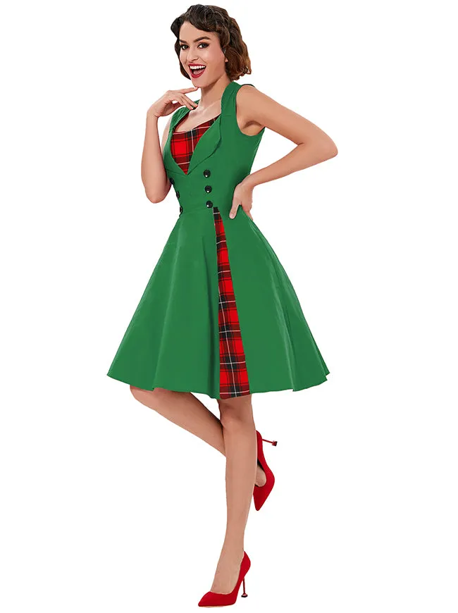 1950s Style Retro Vintage Rockabilly Dress with Plaid Patchwork