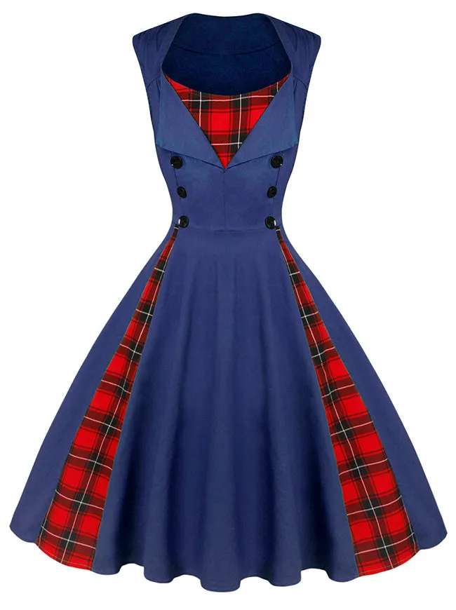 1950s Style Retro Vintage Rockabilly Dress with Plaid Patchwork