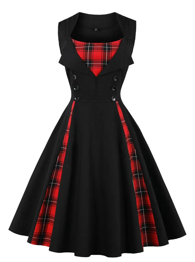 1950s Style Retro Vintage Rockabilly Dress with Plaid Patchwork