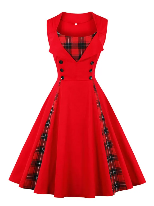 1950s Style Retro Vintage Rockabilly Dress with Plaid Patchwork