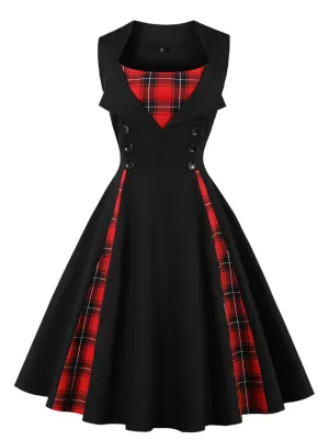 1950s Style Retro Vintage Rockabilly Dress with Plaid Patchwork