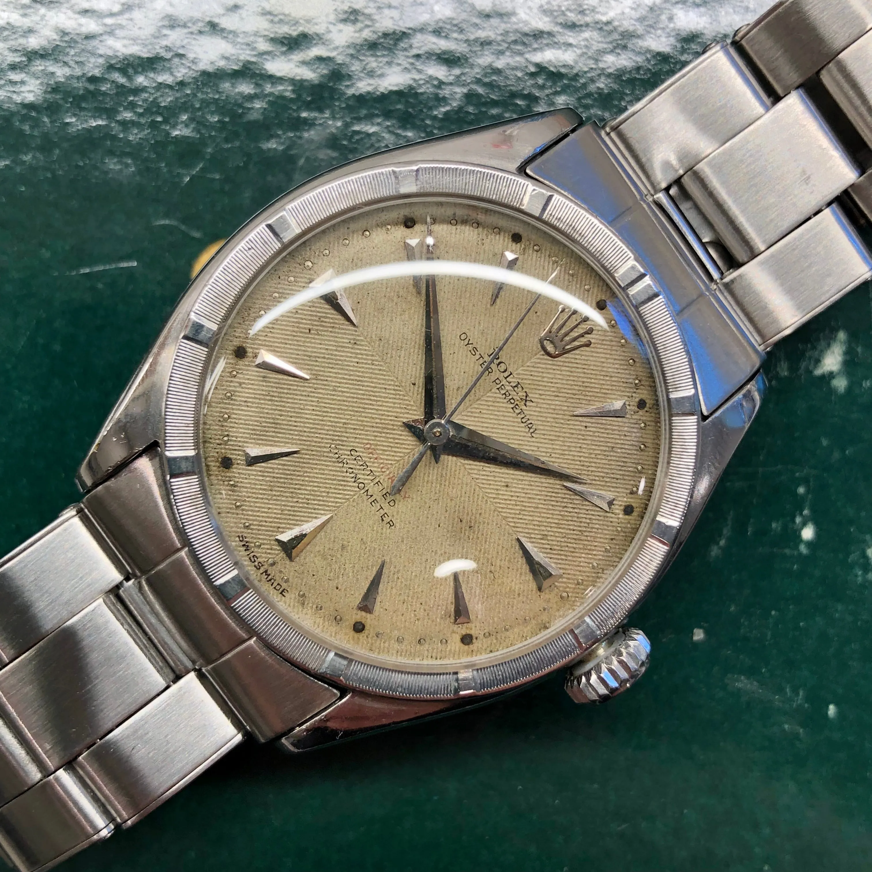 1953 Rolex Oyster Perpetual 6103 Stainless Steel Red OCC Chevron Dial Chronometer Automatic Wristwatch